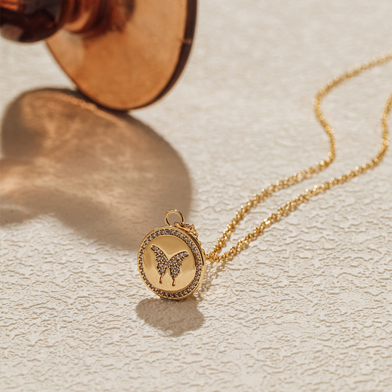 Picture of 1 Piece Eco-friendly Vacuum Plating Stylish Simple 18K Real Gold Plated Brass & Cubic Zirconia Link Cable Chain Round Butterfly Pendant Necklace For Women Party 41cm(16 1/8") long