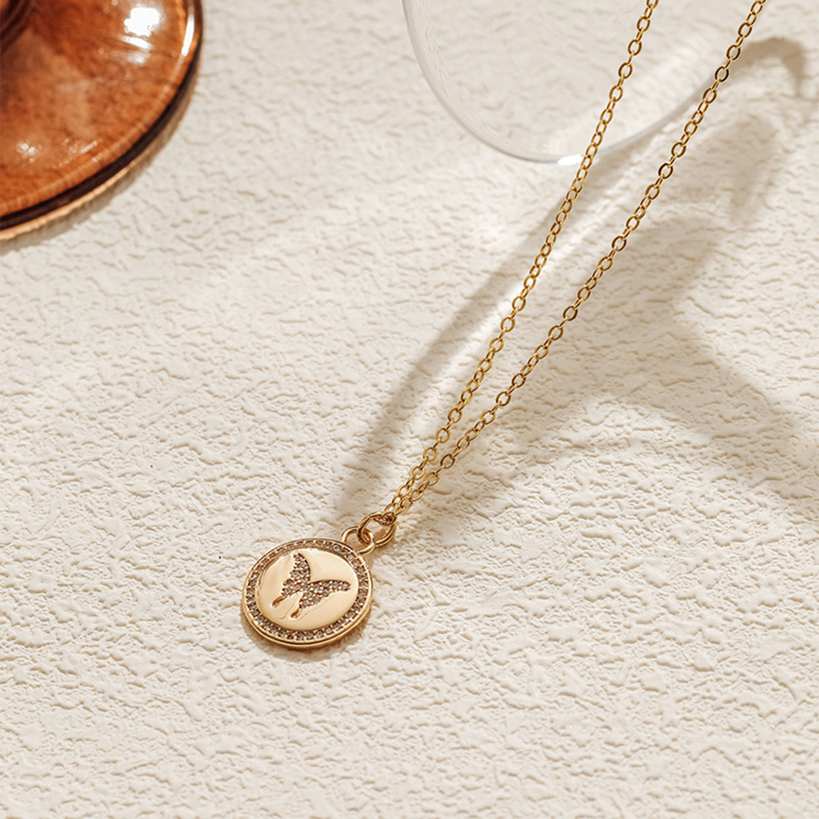 Picture of 1 Piece Eco-friendly Vacuum Plating Stylish Simple 18K Real Gold Plated Brass & Cubic Zirconia Link Cable Chain Round Butterfly Pendant Necklace For Women Party 41cm(16 1/8") long