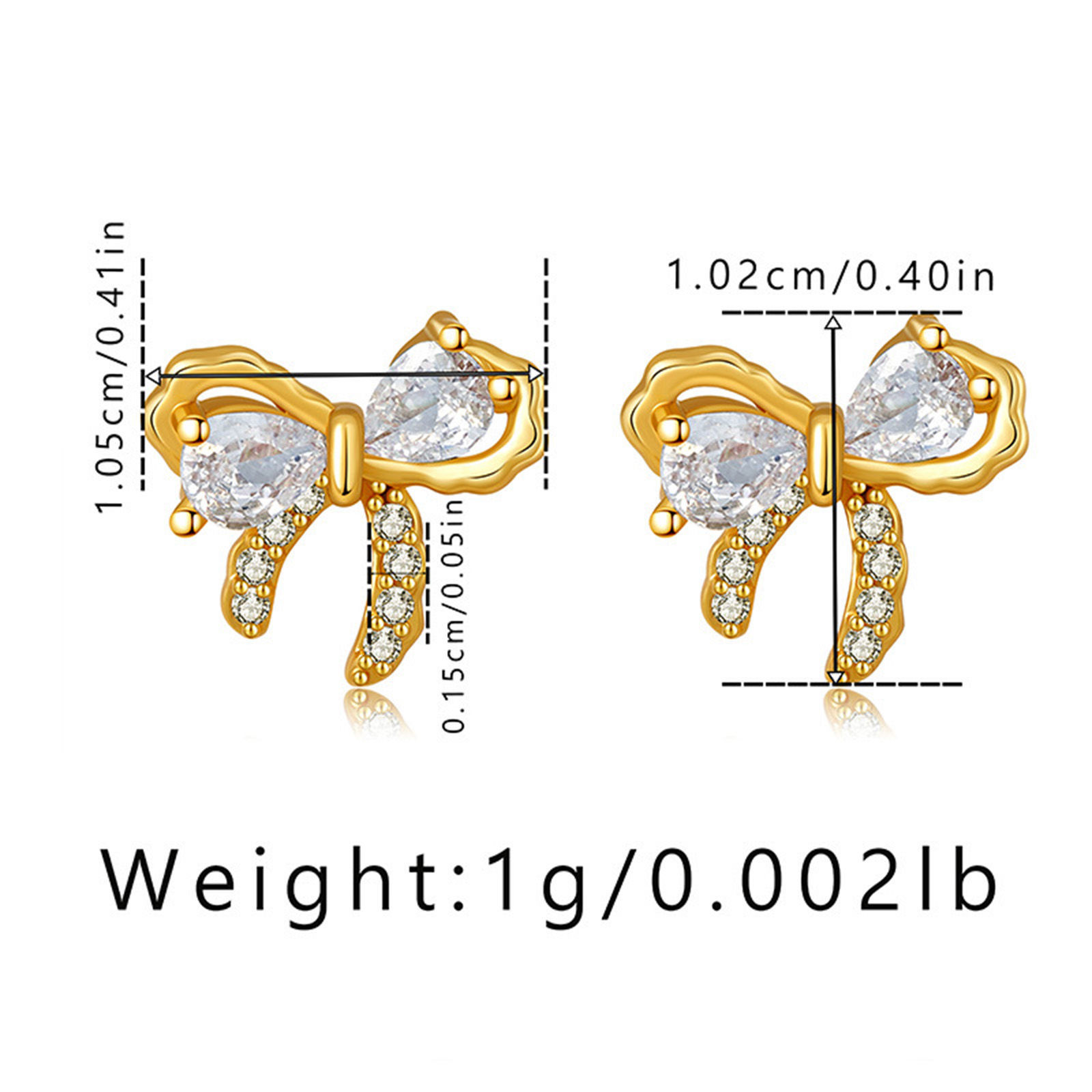 Picture of 1 Pair Eco-friendly Sweet & Cute Ins Style 18K Real Gold Plated Brass & Cubic Zirconia Bowknot Ear Post Stud Earrings For Women Party 1cm x 1cm