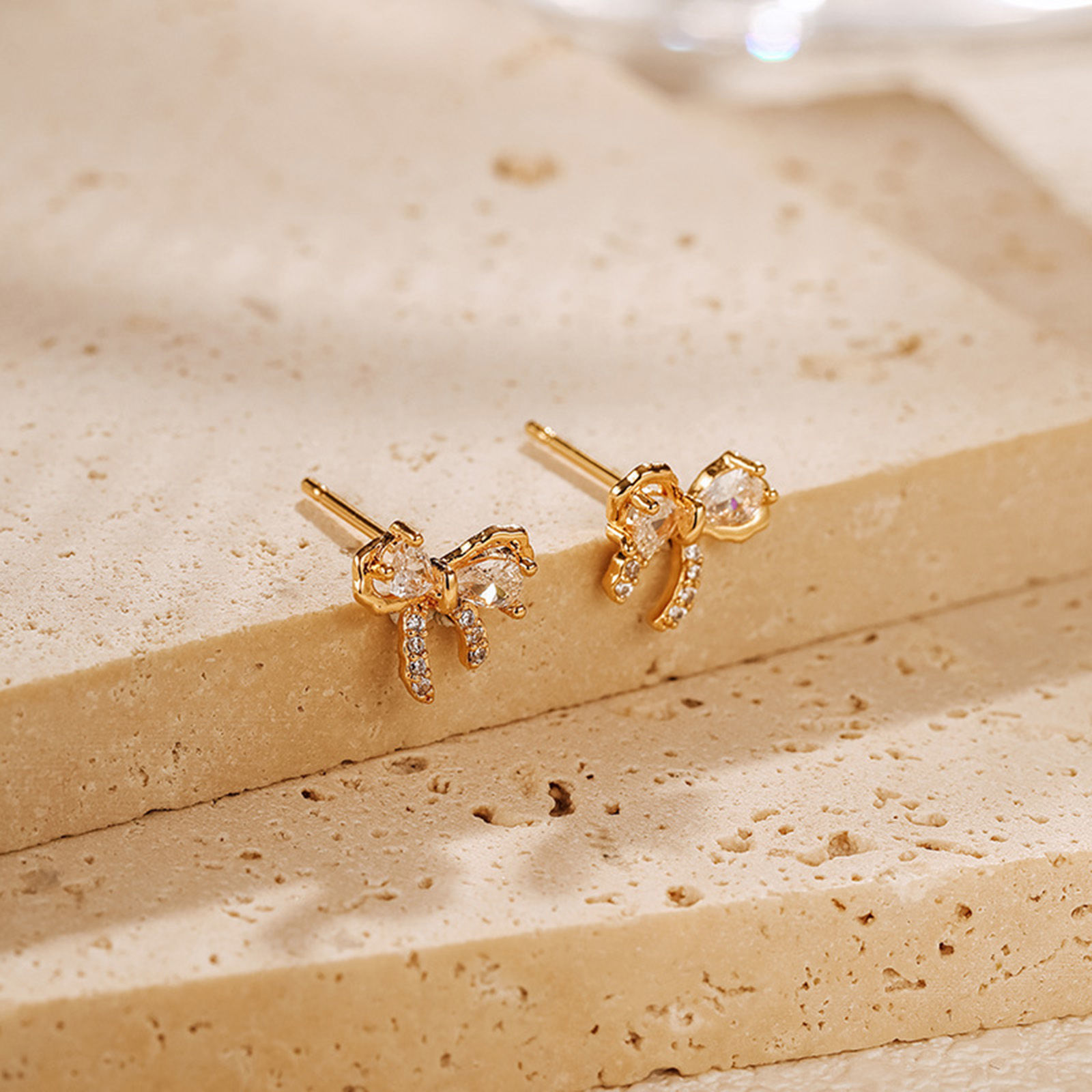 Picture of 1 Pair Eco-friendly Sweet & Cute Ins Style 18K Real Gold Plated Brass & Cubic Zirconia Bowknot Ear Post Stud Earrings For Women Party 1cm x 1cm
