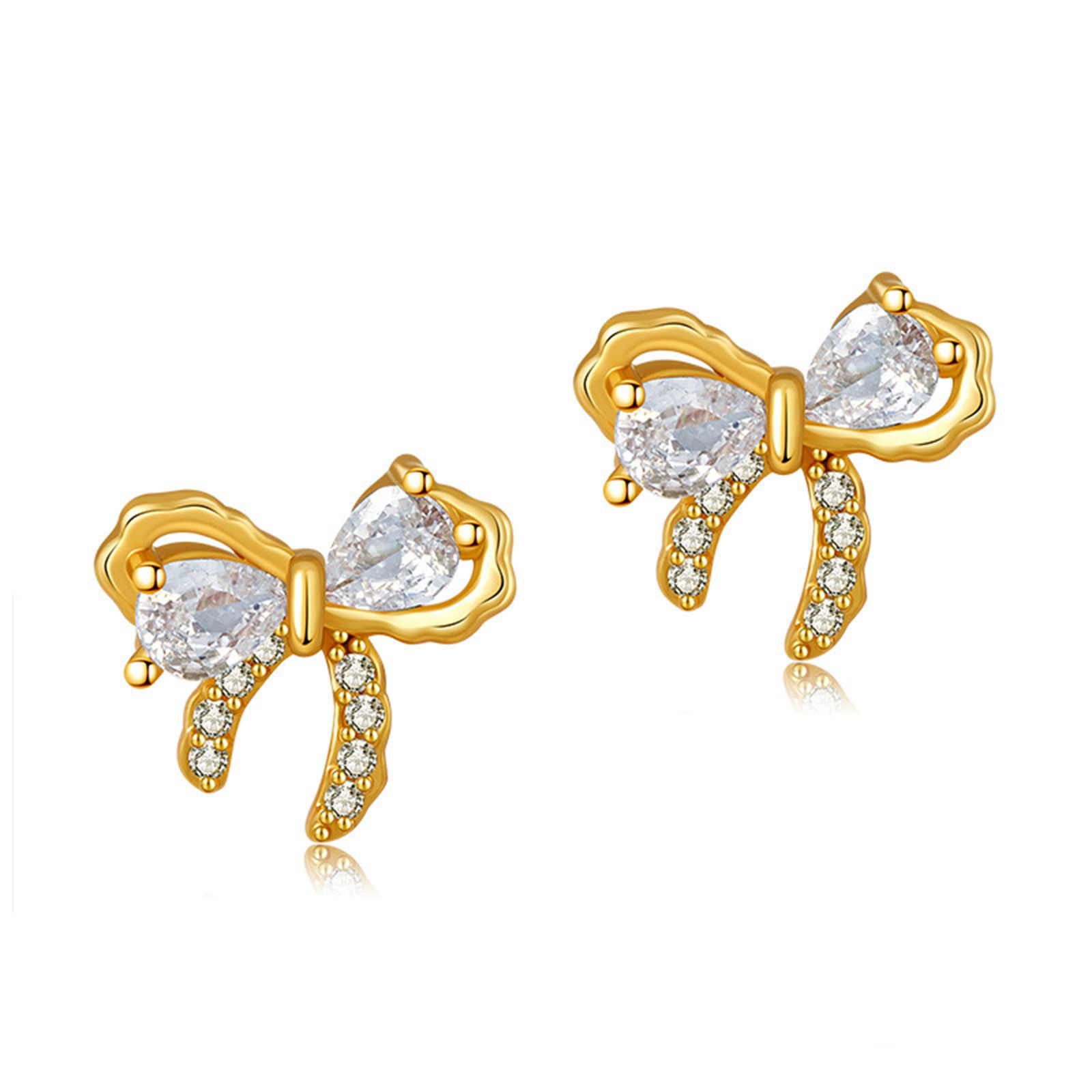 Picture of 1 Pair Eco-friendly Sweet & Cute Ins Style 18K Real Gold Plated Brass & Cubic Zirconia Bowknot Ear Post Stud Earrings For Women Party 1cm x 1cm