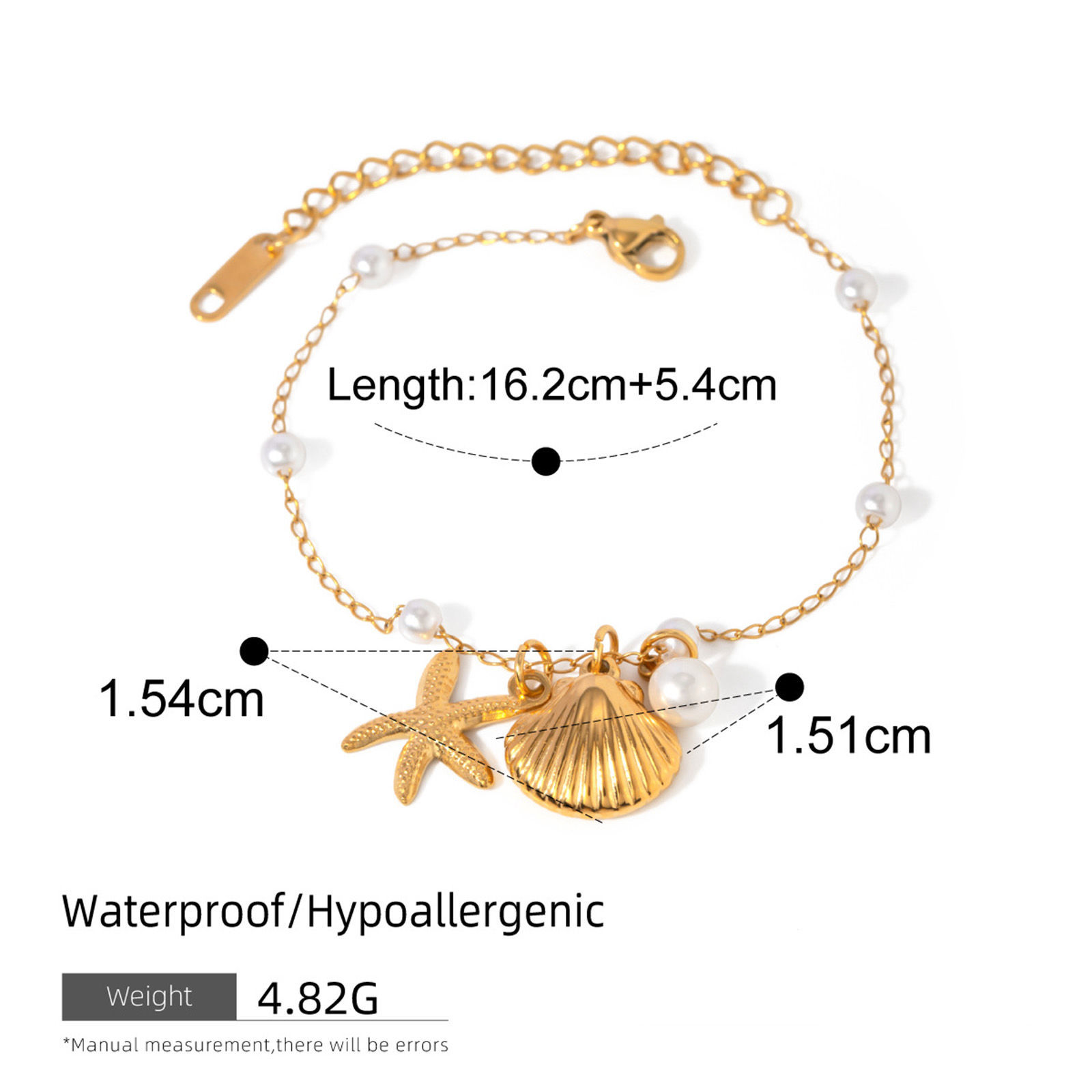 Picture of 1 Piece Eco-friendly Vacuum Plating Natural Pastoral Ocean Jewelry 18K Real Gold Plated Stainless Steel & Shell Imitation Pearl Link Cable Chain Shell Star Fish Bracelets For Women Party 16cm(6.3") long