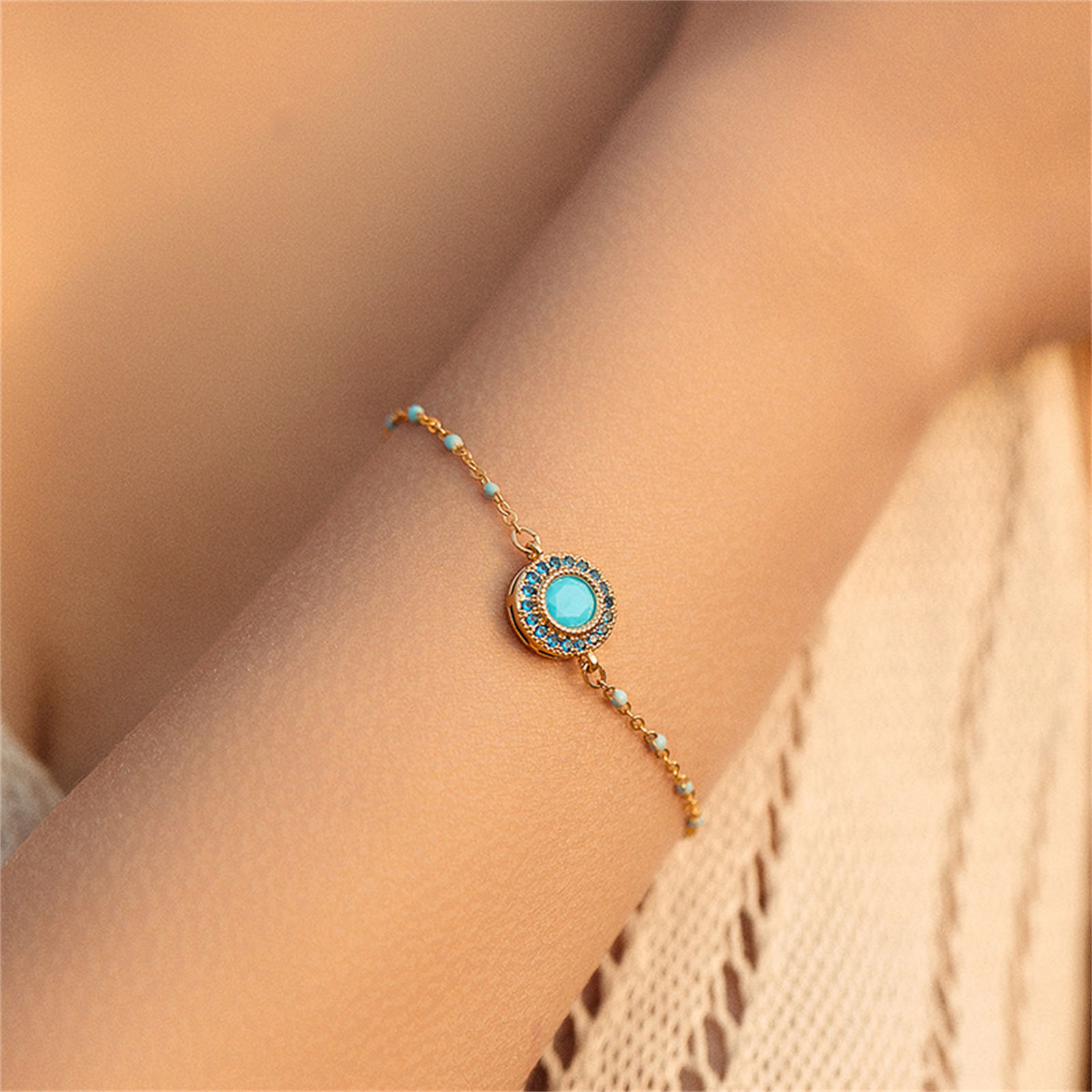 Picture of 1 Piece Eco-friendly Ethnic Style Boho Chic Bohemia 18K Real Gold Plated Blue Stone & Brass Link Cable Chain Round With Synthetic Gemstone Cabochons Bracelets For Women Party 16cm(6.3") long