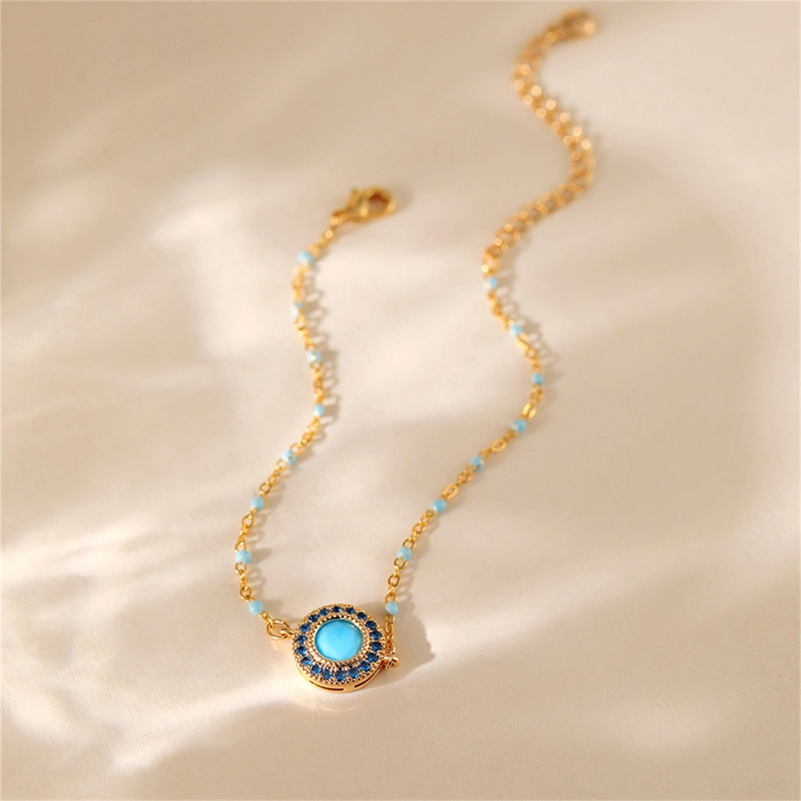 Picture of 1 Piece Eco-friendly Ethnic Style Boho Chic Bohemia 18K Real Gold Plated Blue Stone & Brass Link Cable Chain Round With Synthetic Gemstone Cabochons Bracelets For Women Party 16cm(6.3") long
