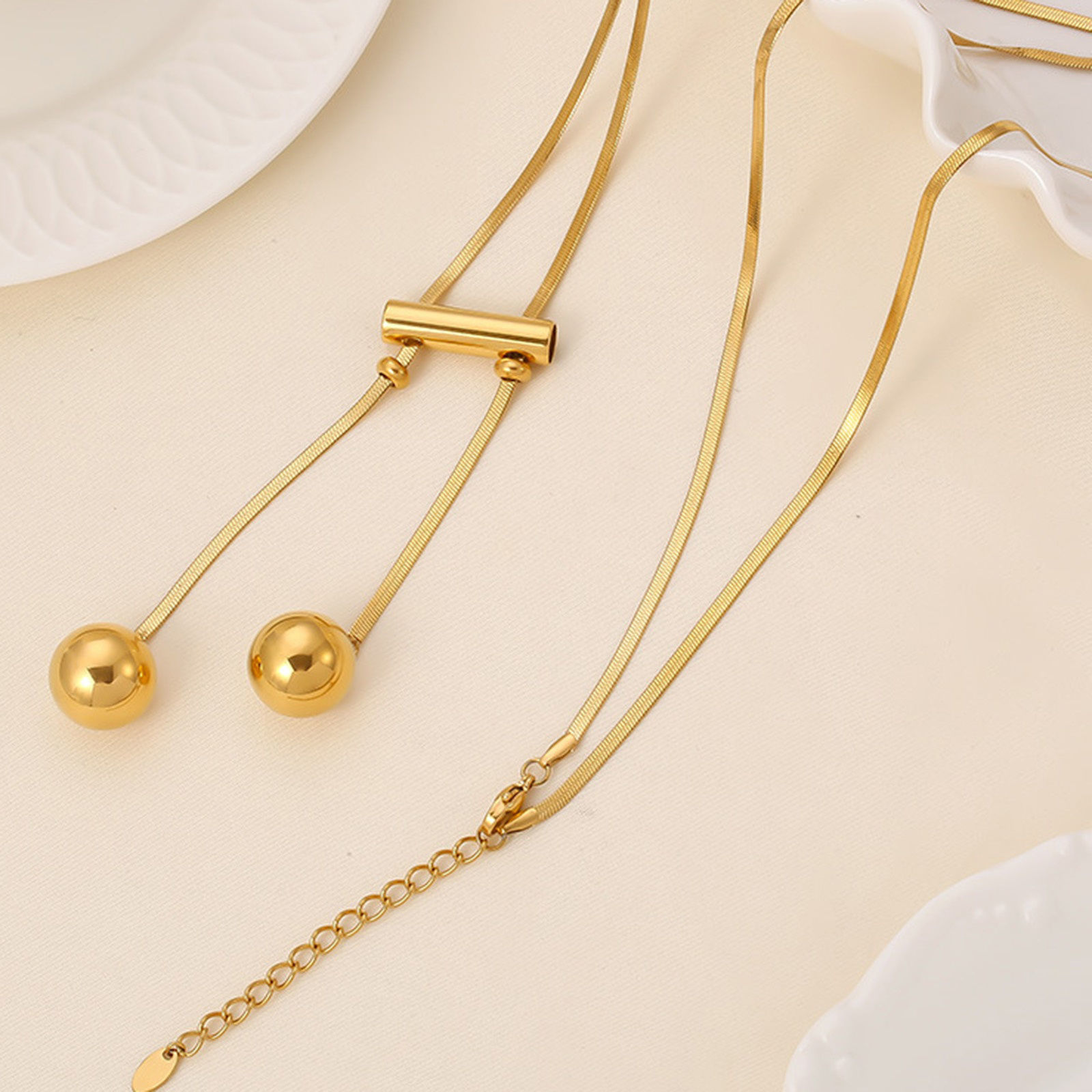 Immagine di 1 Pz Placcatura Sotto Vuoto PVD Ecologica Elegante Semplice 18K Vero Oro Placcato Acciaio Inossidabile Catena di Serpente Piatta Palla Collana Lunga Adatto Maglia Per Donne
