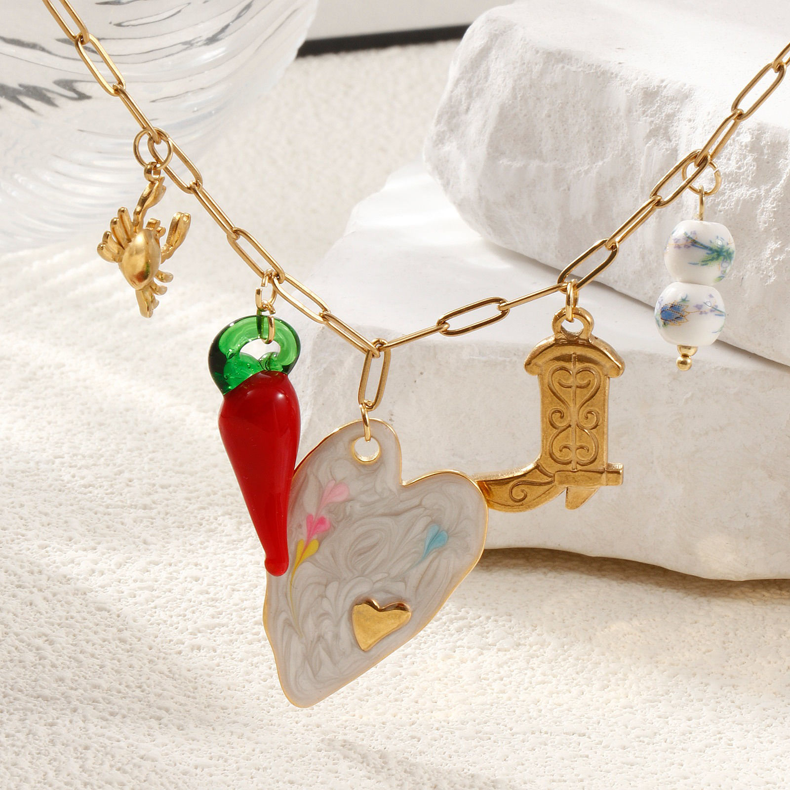 Picture of 1 Piece Eco-friendly Vacuum Plating Exquisite Cute 18K Real Gold Plated 304 Stainless Steel & Lampwork Glass Paperclip Link Chain Pendant Charm Necklace For Women Gift 42cm(16.5") + 5cm(2") long