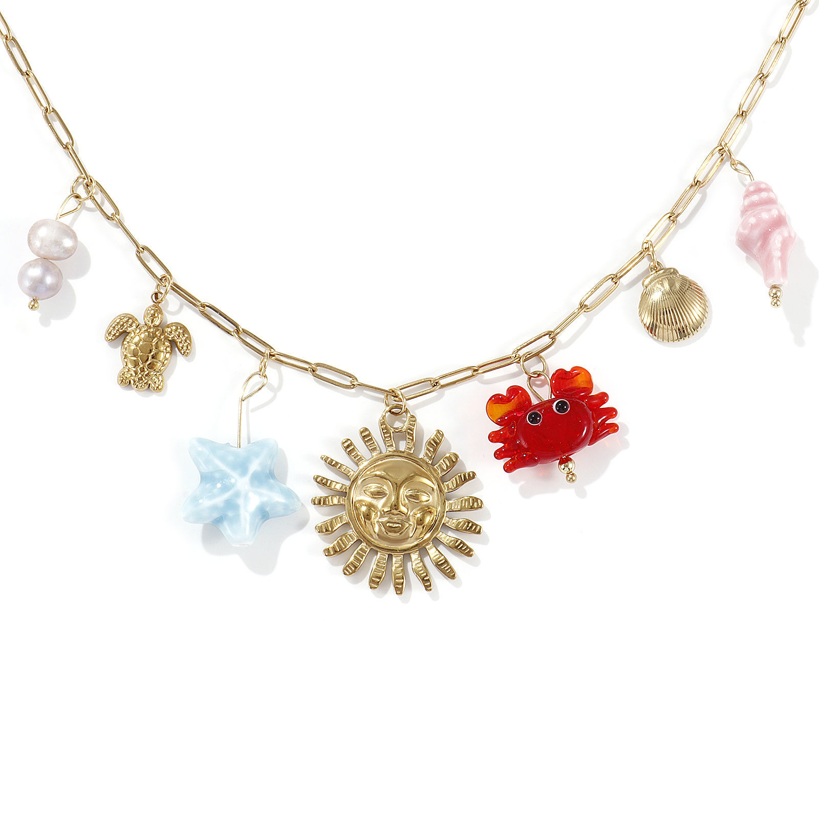 Picture of 1 Piece Eco-friendly Vacuum Plating Sweet & Cute Stylish 18K Real Gold Plated Multicolor 304 Stainless Steel & Natural Pearl & Ceramics & Lampwork Glass Link Cable Chain Sun Marine Animal Pendant Charm Necklace For Women Gift 42cm(16.5") + 5cm(2") long