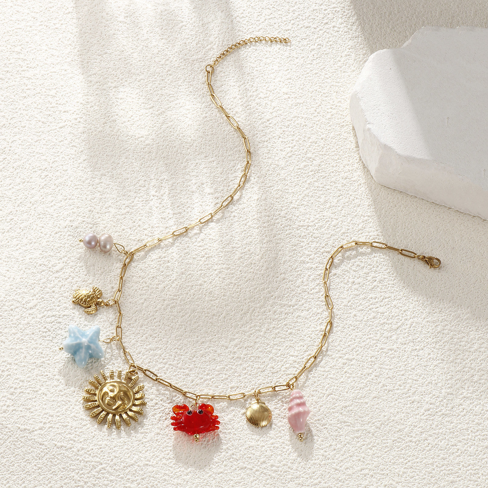 Picture of 1 Piece Eco-friendly Vacuum Plating Sweet & Cute Stylish 18K Real Gold Plated Multicolor 304 Stainless Steel & Natural Pearl & Ceramics & Lampwork Glass Link Cable Chain Sun Marine Animal Pendant Charm Necklace For Women Gift 42cm(16.5") + 5cm(2") long