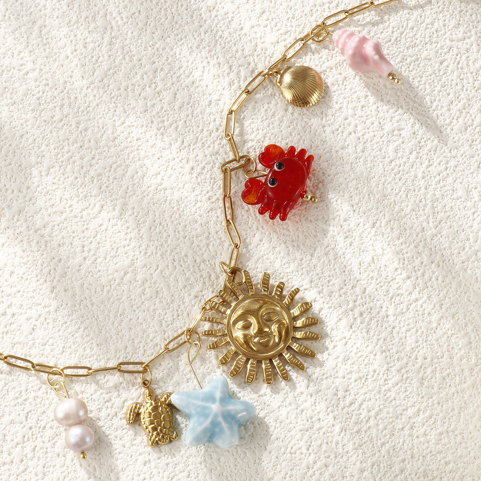 Picture of 1 Piece Eco-friendly Vacuum Plating Sweet & Cute Stylish 18K Real Gold Plated Multicolor 304 Stainless Steel & Natural Pearl & Ceramics & Lampwork Glass Link Cable Chain Sun Marine Animal Pendant Charm Necklace For Women Gift 42cm(16.5") + 5cm(2") long