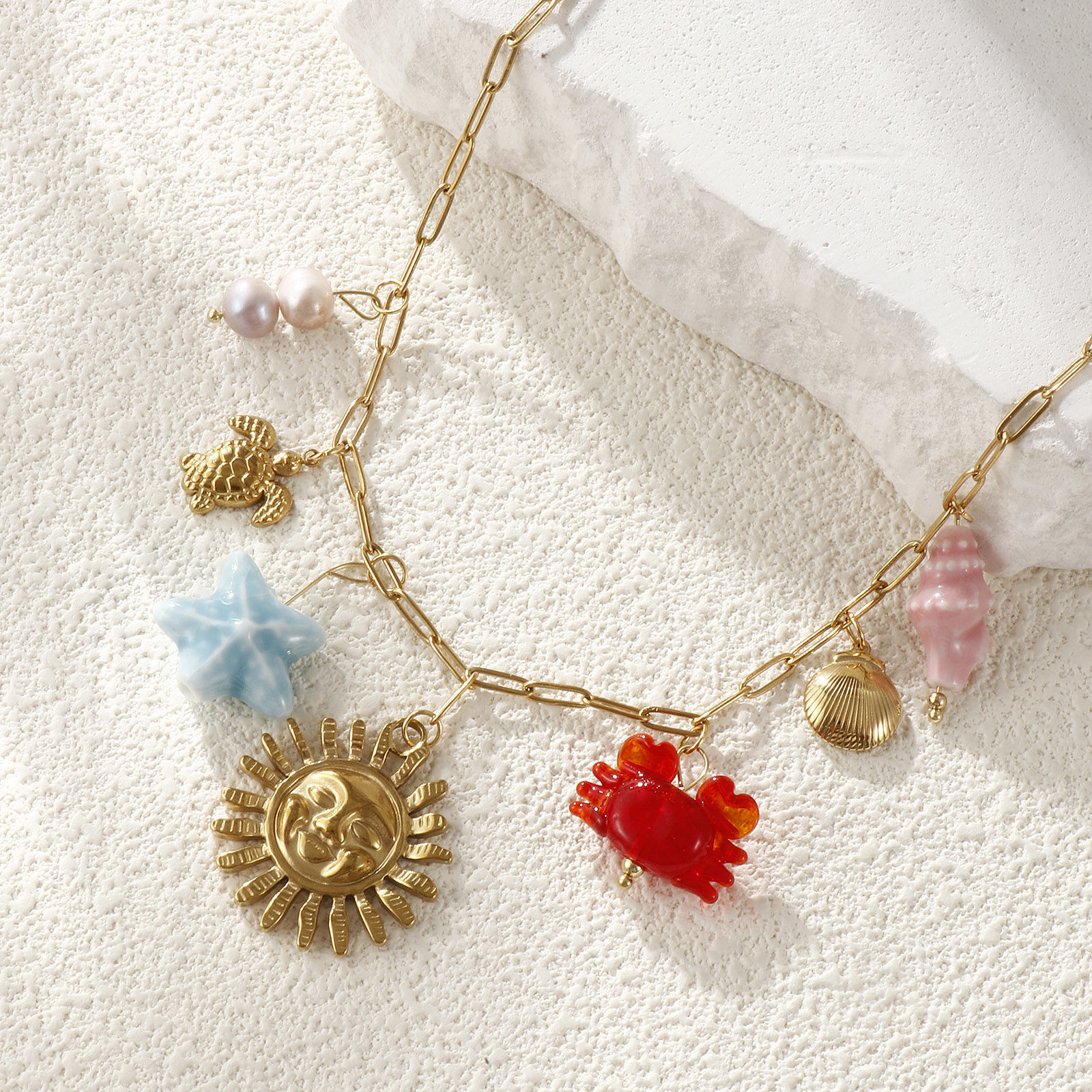Picture of 1 Piece Eco-friendly Vacuum Plating Sweet & Cute Stylish 18K Real Gold Plated Multicolor 304 Stainless Steel & Natural Pearl & Ceramics & Lampwork Glass Link Cable Chain Sun Marine Animal Pendant Charm Necklace For Women Gift 42cm(16.5") + 5cm(2") long