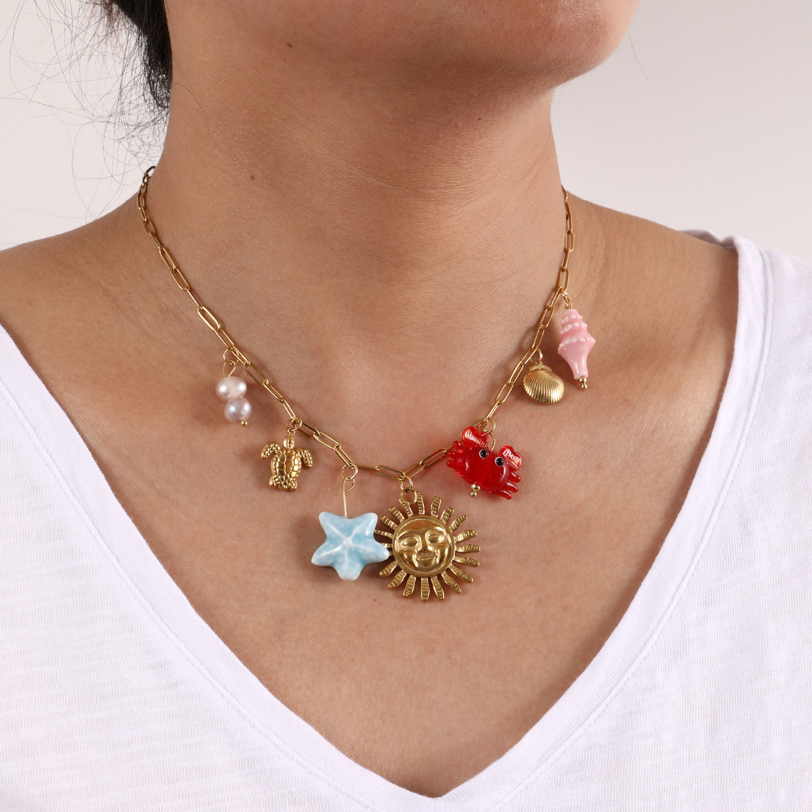 Picture of 1 Piece Eco-friendly Vacuum Plating Sweet & Cute Stylish 18K Real Gold Plated Multicolor 304 Stainless Steel & Natural Pearl & Ceramics & Lampwork Glass Link Cable Chain Sun Marine Animal Pendant Charm Necklace For Women Gift 42cm(16.5") + 5cm(2") long