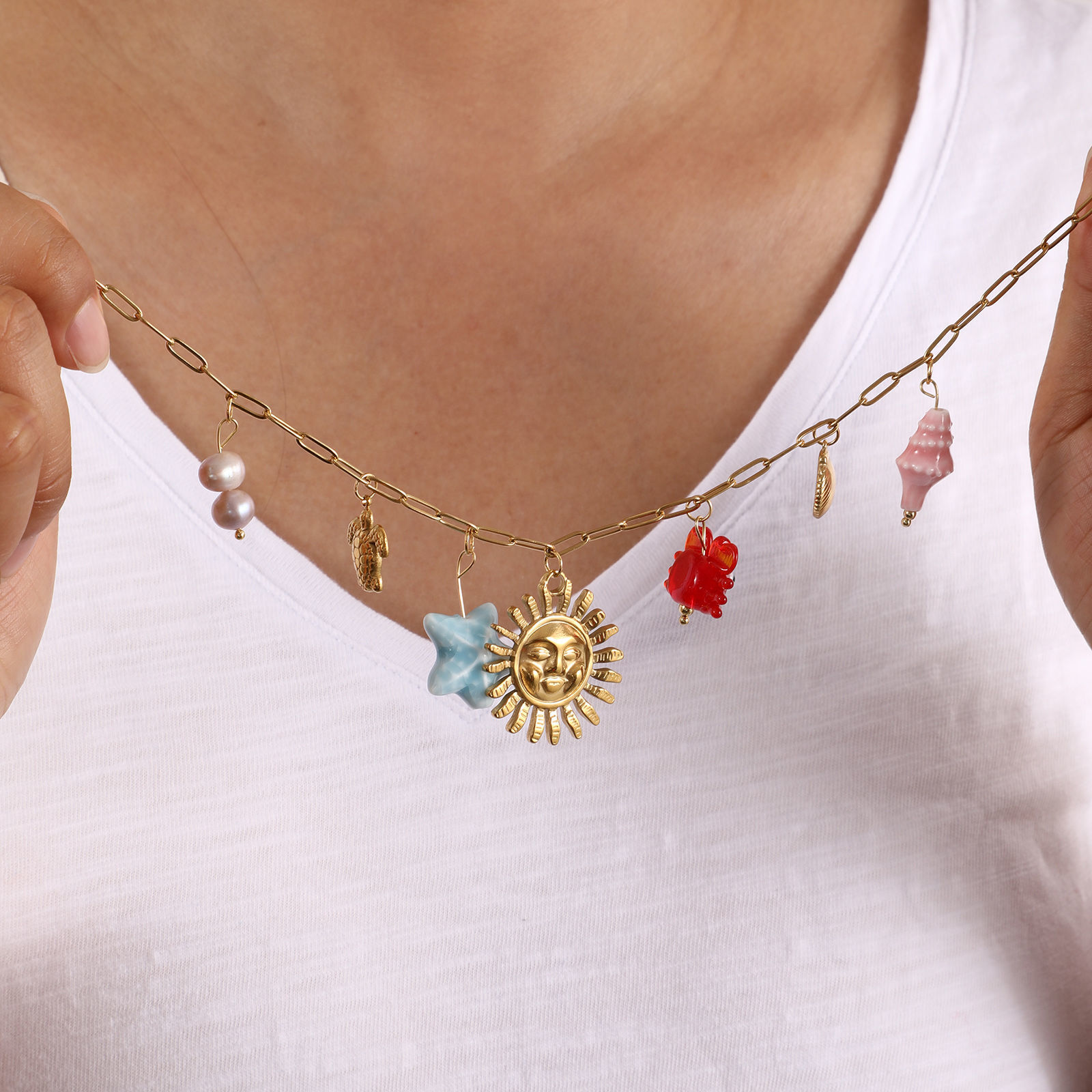 Picture of 1 Piece Eco-friendly Vacuum Plating Sweet & Cute Stylish 18K Real Gold Plated Multicolor 304 Stainless Steel & Natural Pearl & Ceramics & Lampwork Glass Link Cable Chain Sun Marine Animal Pendant Charm Necklace For Women Gift 42cm(16.5") + 5cm(2") long