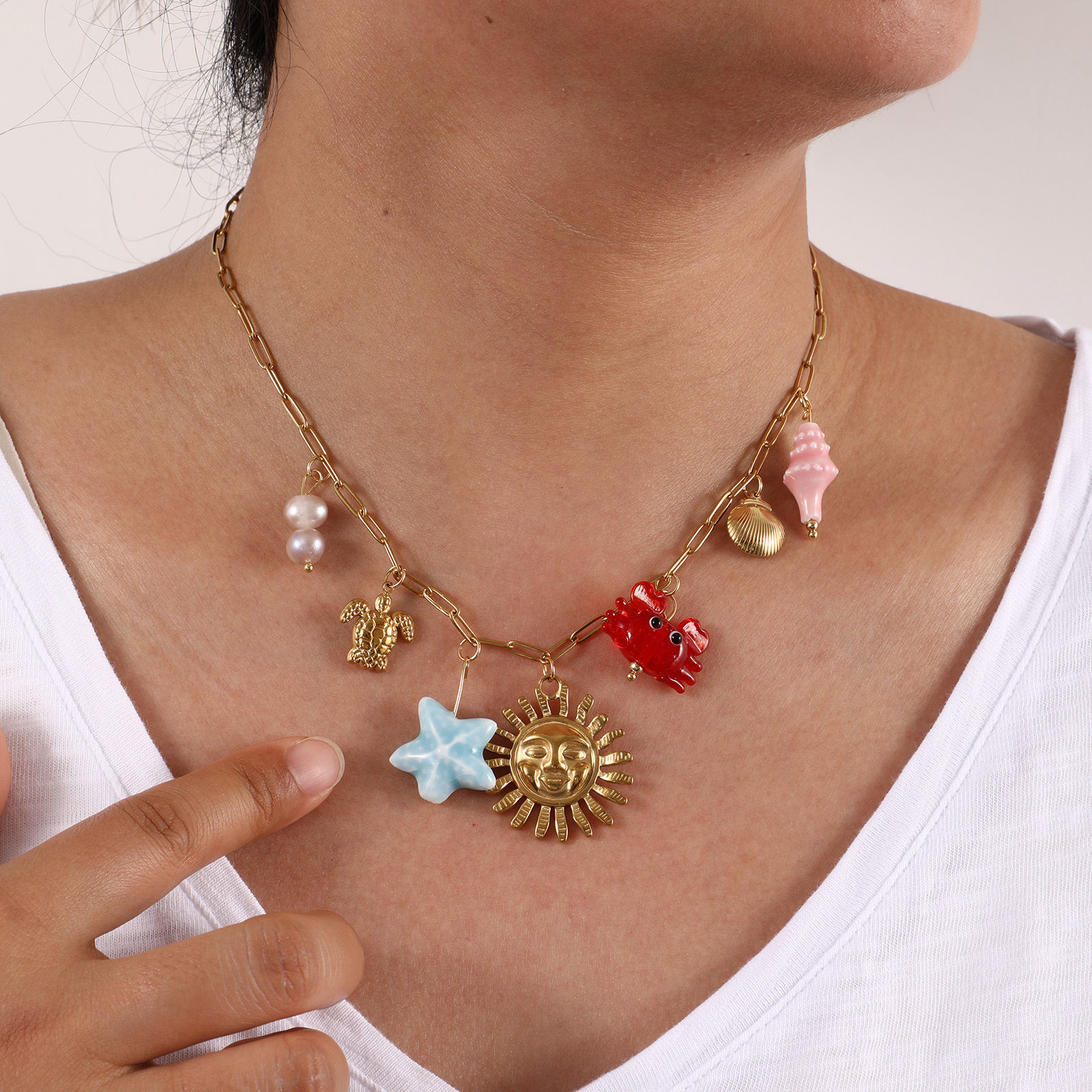 Picture of 1 Piece Eco-friendly Vacuum Plating Sweet & Cute Stylish 18K Real Gold Plated Multicolor 304 Stainless Steel & Natural Pearl & Ceramics & Lampwork Glass Link Cable Chain Sun Marine Animal Pendant Charm Necklace For Women Gift 42cm(16.5") + 5cm(2") long