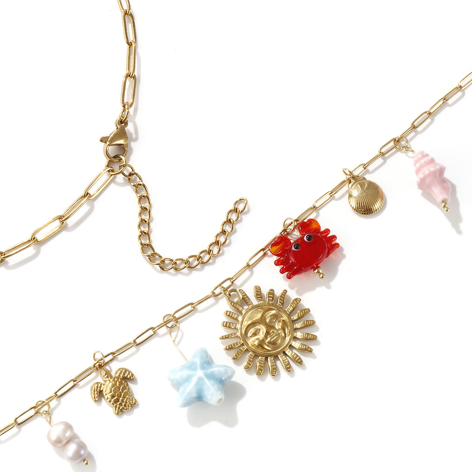 Picture of 1 Piece Eco-friendly Vacuum Plating Sweet & Cute Stylish 18K Real Gold Plated Multicolor 304 Stainless Steel & Natural Pearl & Ceramics & Lampwork Glass Link Cable Chain Sun Marine Animal Pendant Charm Necklace For Women Gift 42cm(16.5") + 5cm(2") long