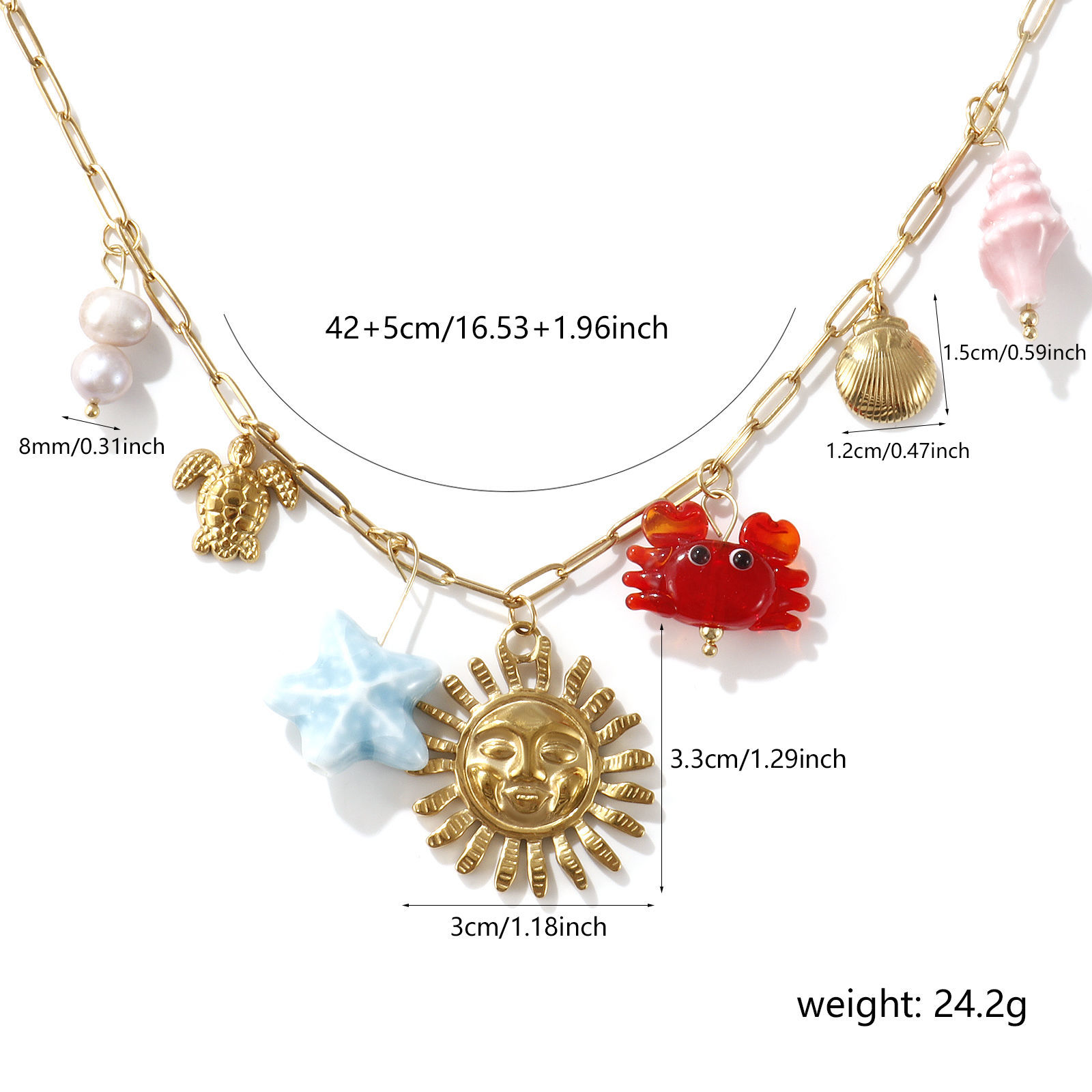 Picture of 1 Piece Eco-friendly Vacuum Plating Sweet & Cute Stylish 18K Real Gold Plated Multicolor 304 Stainless Steel & Natural Pearl & Ceramics & Lampwork Glass Link Cable Chain Sun Marine Animal Pendant Charm Necklace For Women Gift 42cm(16.5") + 5cm(2") long