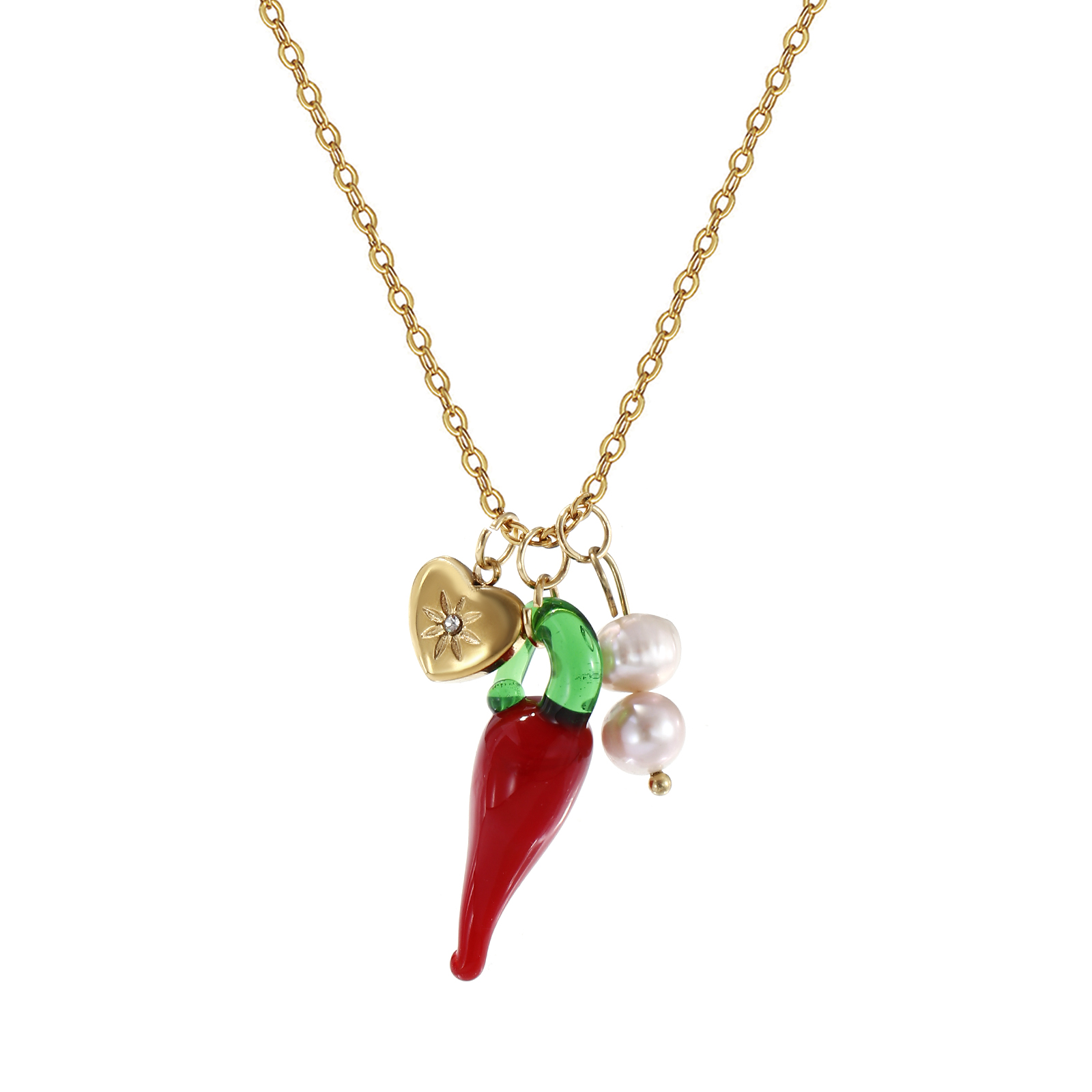 Picture of 1 Piece Eco-friendly PVD Vacuum Plating Natural Pastoral Cute 18K Real Gold Plated 304 Stainless Steel & Natural Pearl Link Cable Chain Red Lampwork Glass Chili Heart Pendant Charm Necklace For Women Gift 45cm(17.7") + 5cm(2") long