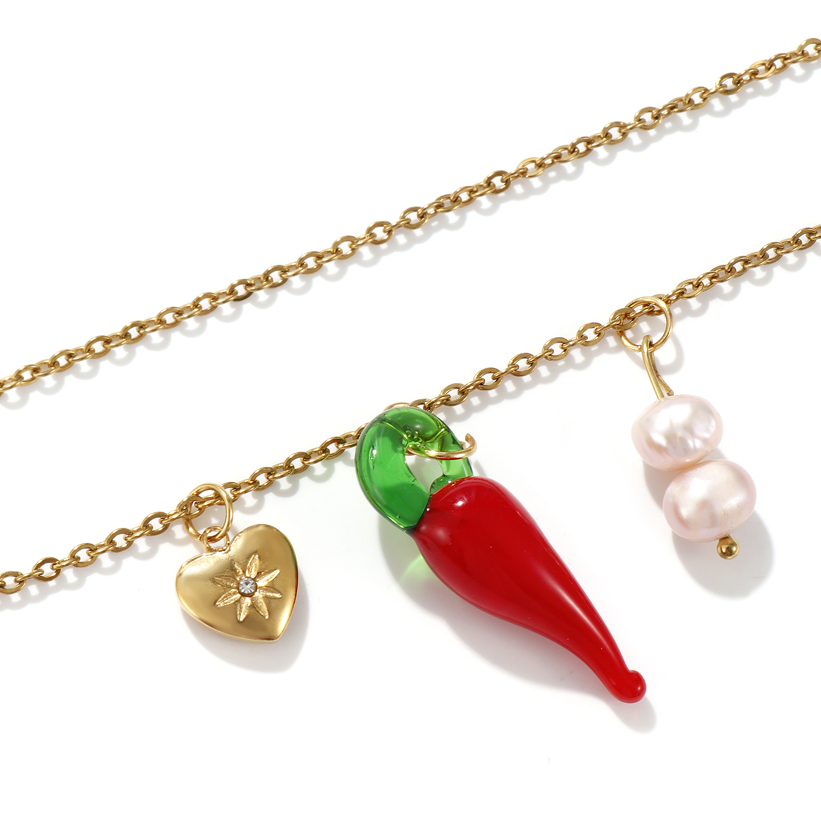 Picture of 1 Piece Eco-friendly PVD Vacuum Plating Natural Pastoral Cute 18K Real Gold Plated 304 Stainless Steel & Natural Pearl Link Cable Chain Red Lampwork Glass Chili Heart Pendant Charm Necklace For Women Gift 45cm(17.7") + 5cm(2") long