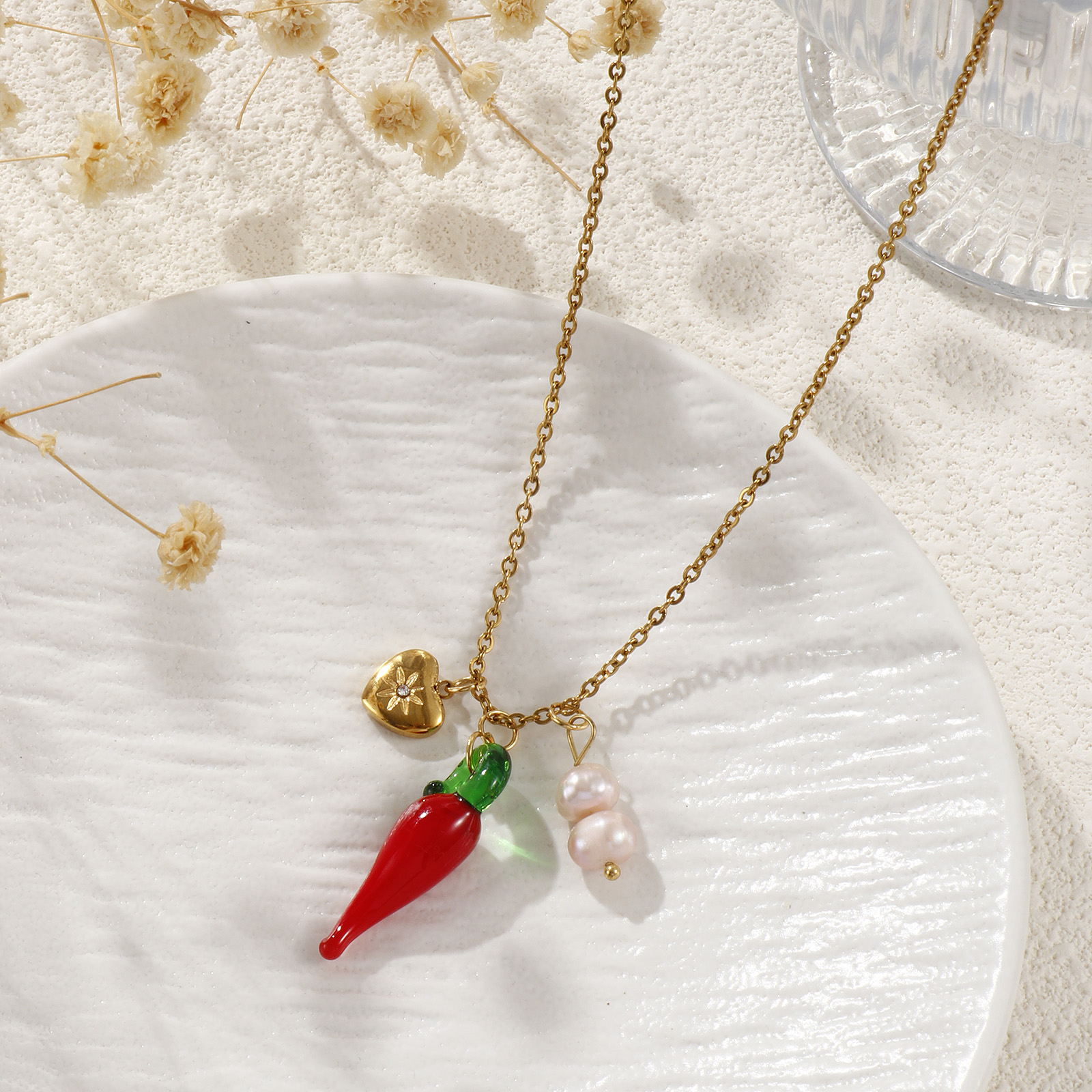 Picture of 1 Piece Eco-friendly PVD Vacuum Plating Natural Pastoral Cute 18K Real Gold Plated 304 Stainless Steel & Natural Pearl Link Cable Chain Red Lampwork Glass Chili Heart Pendant Charm Necklace For Women Gift 45cm(17.7") + 5cm(2") long