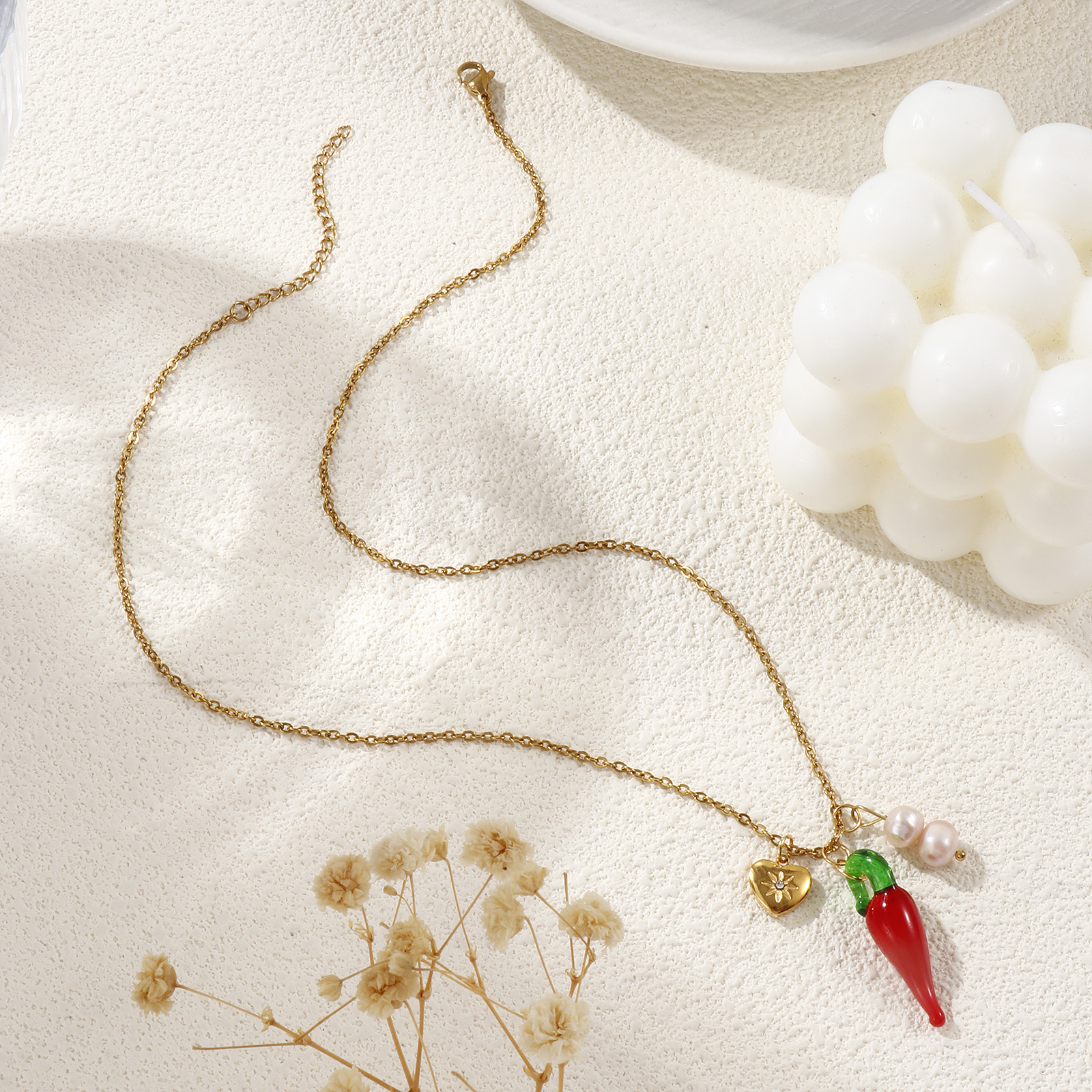 Picture of 1 Piece Eco-friendly PVD Vacuum Plating Natural Pastoral Cute 18K Real Gold Plated 304 Stainless Steel & Natural Pearl Link Cable Chain Red Lampwork Glass Chili Heart Pendant Charm Necklace For Women Gift 45cm(17.7") + 5cm(2") long