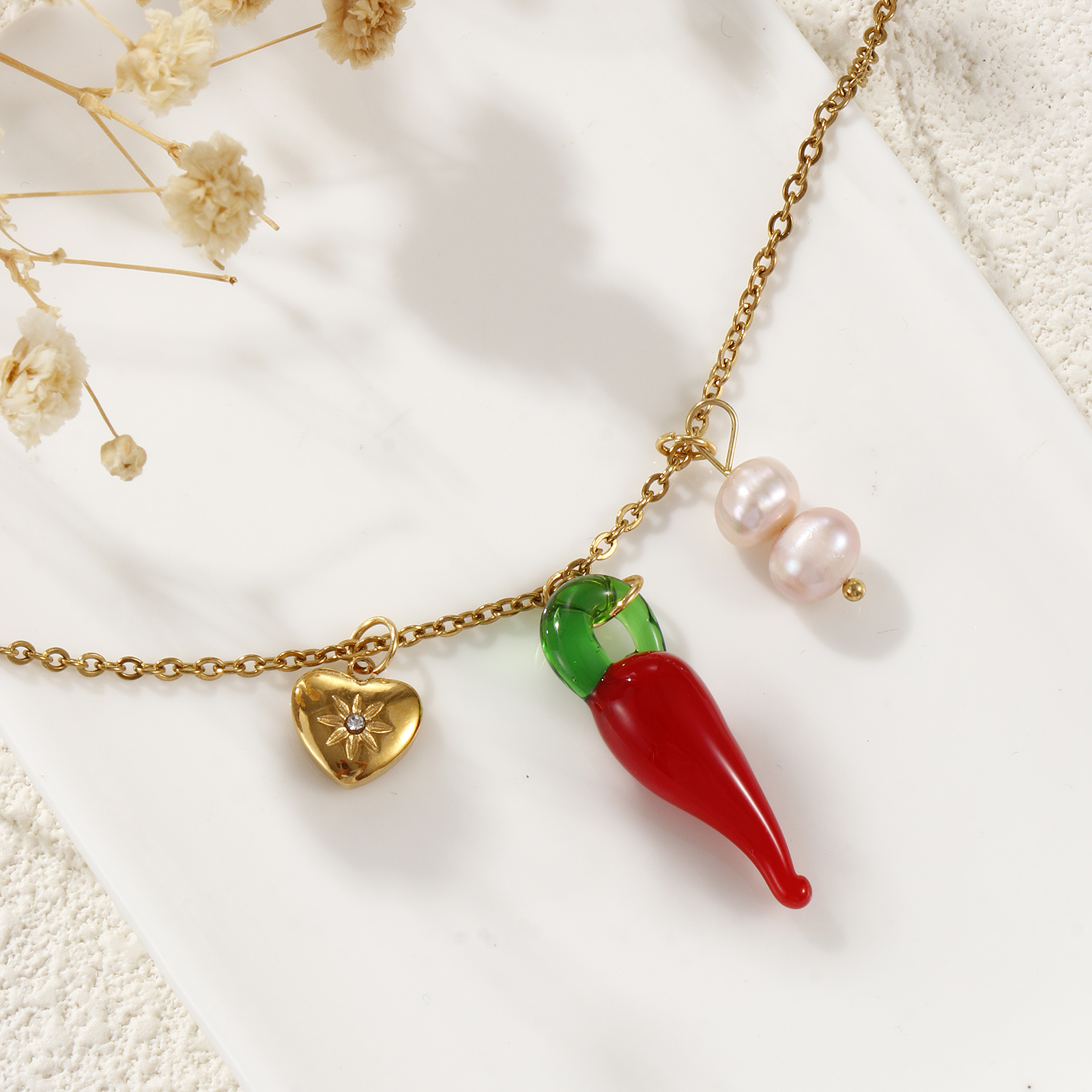 Picture of 1 Piece Eco-friendly PVD Vacuum Plating Natural Pastoral Cute 18K Real Gold Plated 304 Stainless Steel & Natural Pearl Link Cable Chain Red Lampwork Glass Chili Heart Pendant Charm Necklace For Women Gift 45cm(17.7") + 5cm(2") long