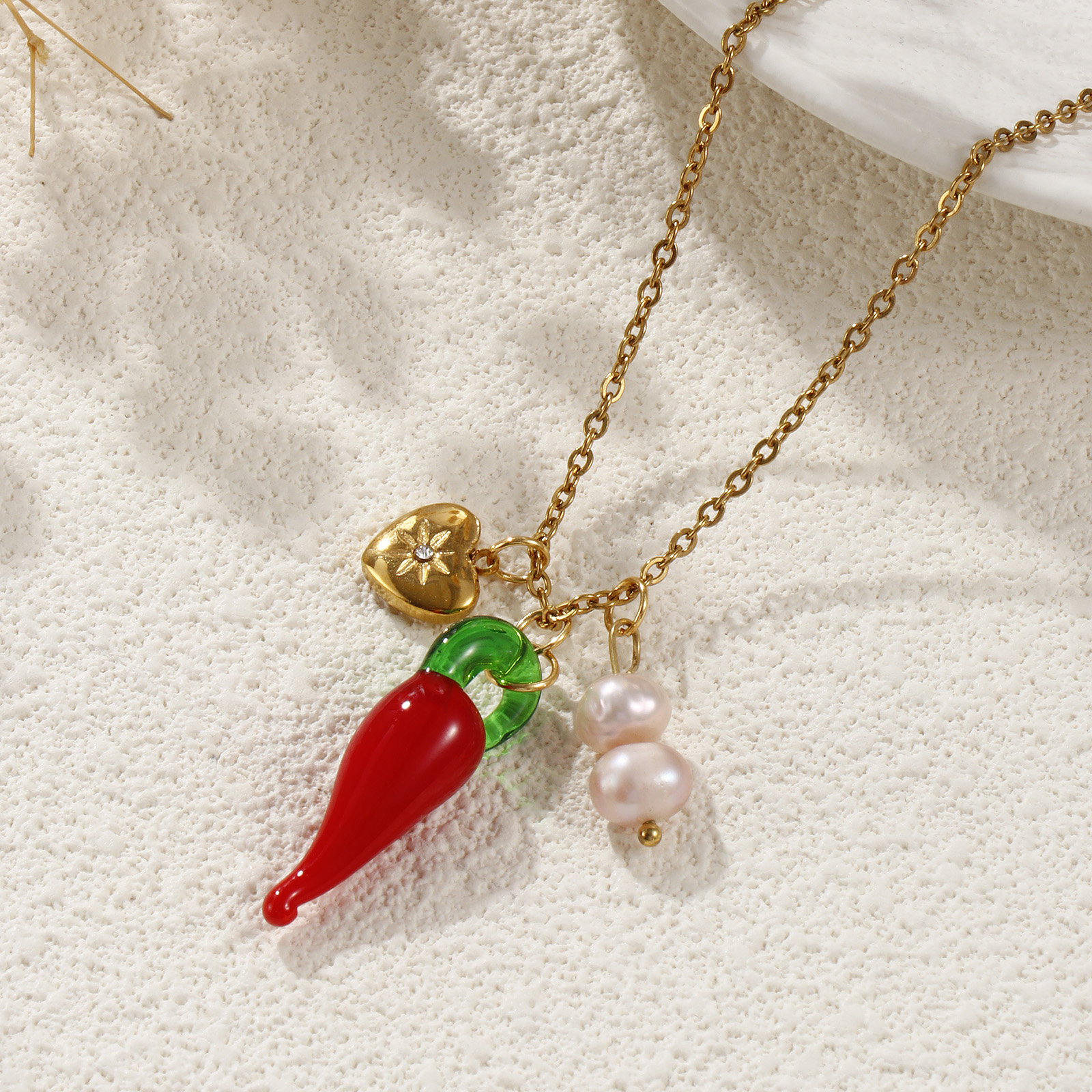 Picture of 1 Piece Eco-friendly PVD Vacuum Plating Natural Pastoral Cute 18K Real Gold Plated 304 Stainless Steel & Natural Pearl Link Cable Chain Red Lampwork Glass Chili Heart Pendant Charm Necklace For Women Gift 45cm(17.7") + 5cm(2") long