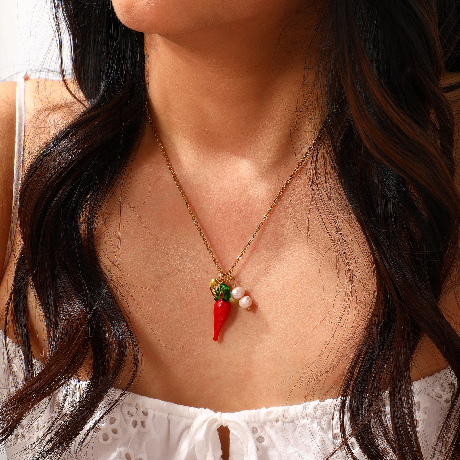 Picture of 1 Piece Eco-friendly PVD Vacuum Plating Natural Pastoral Cute 18K Real Gold Plated 304 Stainless Steel & Natural Pearl Link Cable Chain Red Lampwork Glass Chili Heart Pendant Charm Necklace For Women Gift 45cm(17.7") + 5cm(2") long