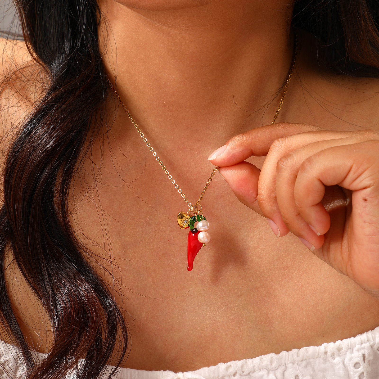 Picture of 1 Piece Eco-friendly PVD Vacuum Plating Natural Pastoral Cute 18K Real Gold Plated 304 Stainless Steel & Natural Pearl Link Cable Chain Red Lampwork Glass Chili Heart Pendant Charm Necklace For Women Gift 45cm(17.7") + 5cm(2") long