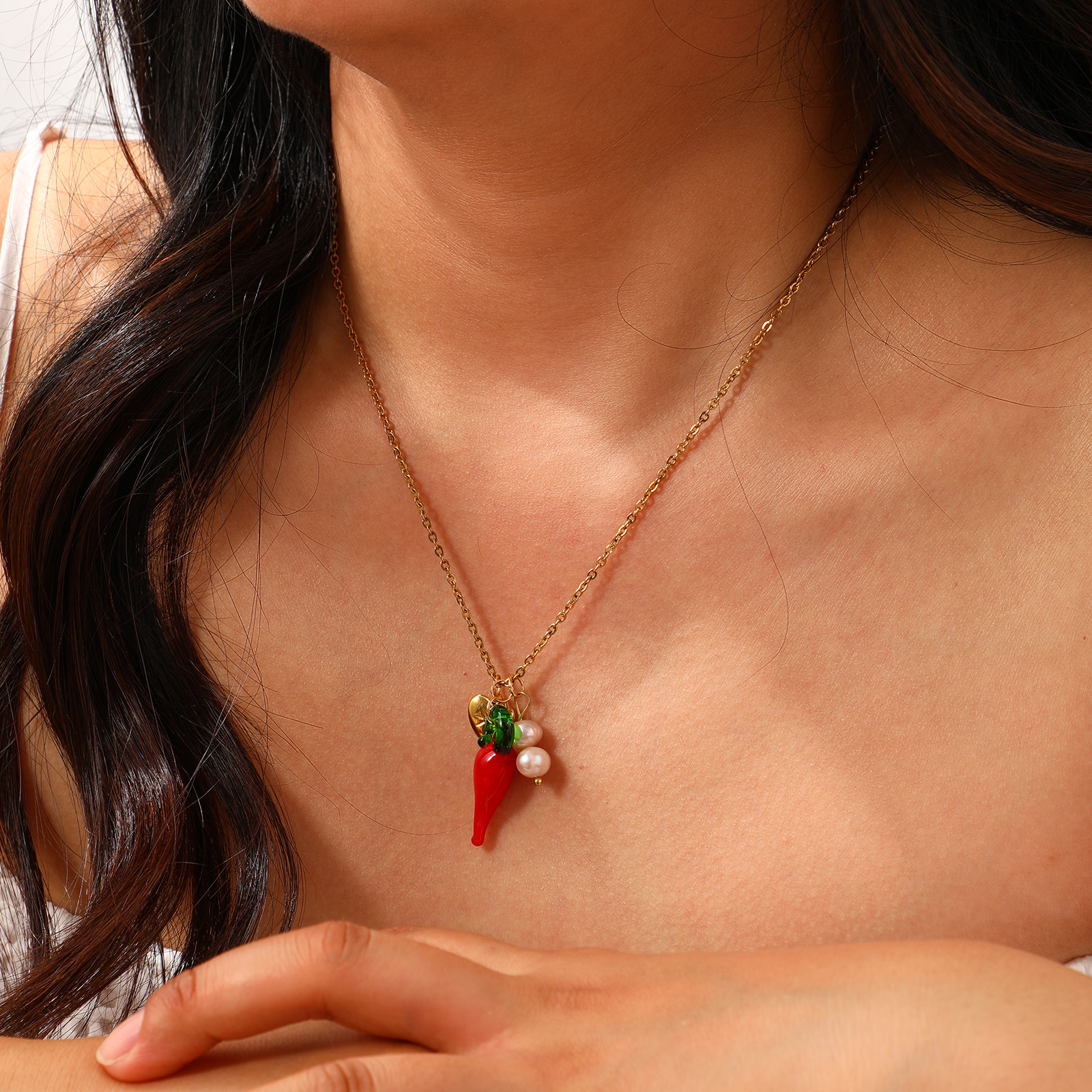 Picture of 1 Piece Eco-friendly PVD Vacuum Plating Natural Pastoral Cute 18K Real Gold Plated 304 Stainless Steel & Natural Pearl Link Cable Chain Red Lampwork Glass Chili Heart Pendant Charm Necklace For Women Gift 45cm(17.7") + 5cm(2") long
