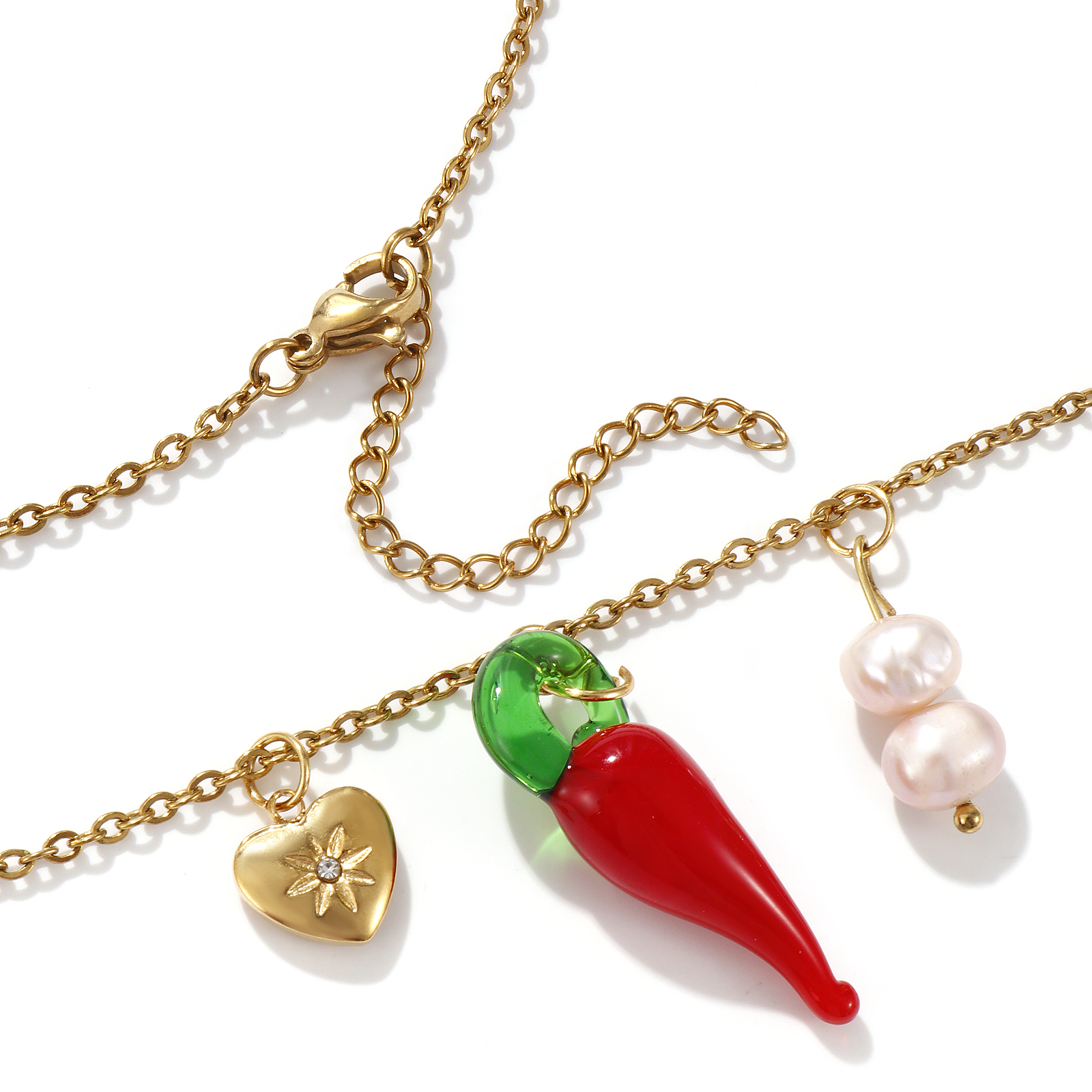 Picture of 1 Piece Eco-friendly PVD Vacuum Plating Natural Pastoral Cute 18K Real Gold Plated 304 Stainless Steel & Natural Pearl Link Cable Chain Red Lampwork Glass Chili Heart Pendant Charm Necklace For Women Gift 45cm(17.7") + 5cm(2") long