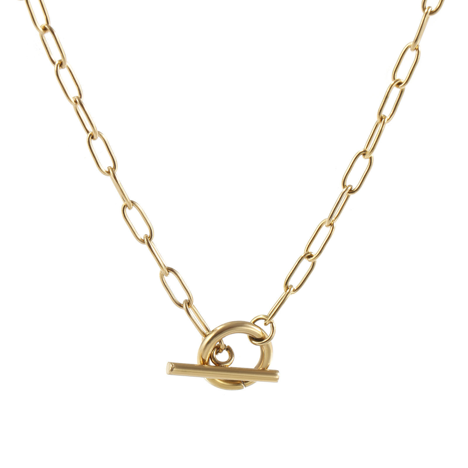 Picture of 1 Piece Eco-friendly PVD Vacuum Plating Minimalist 18K Real Gold Plated 304 Stainless Steel Paperclip Link Chain With Toggle Clasp Necklace Unisex Gift 45cm(17.7") long
