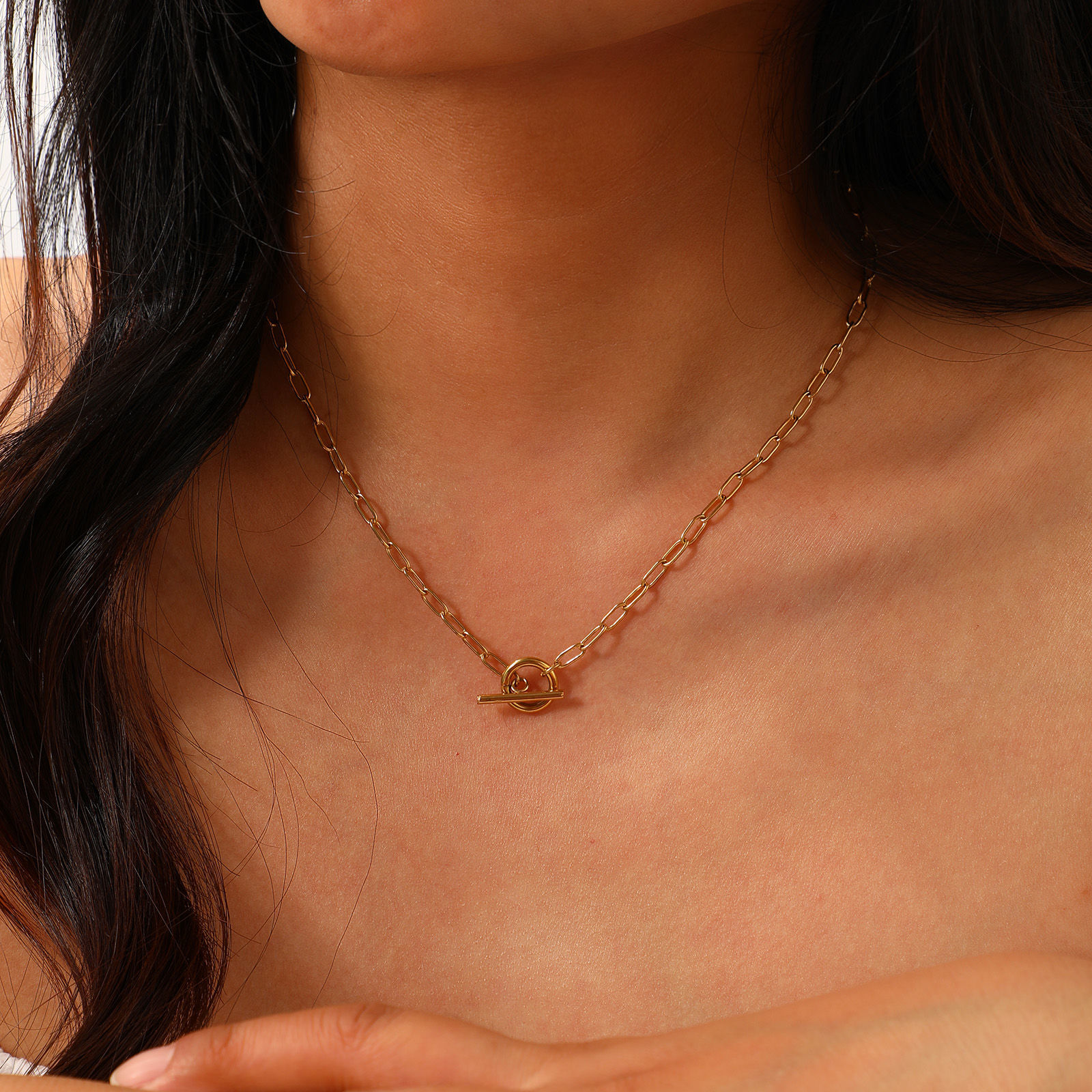Picture of 1 Piece Eco-friendly PVD Vacuum Plating Minimalist 18K Real Gold Plated 304 Stainless Steel Paperclip Link Chain With Toggle Clasp Necklace Unisex Gift 45cm(17.7") long
