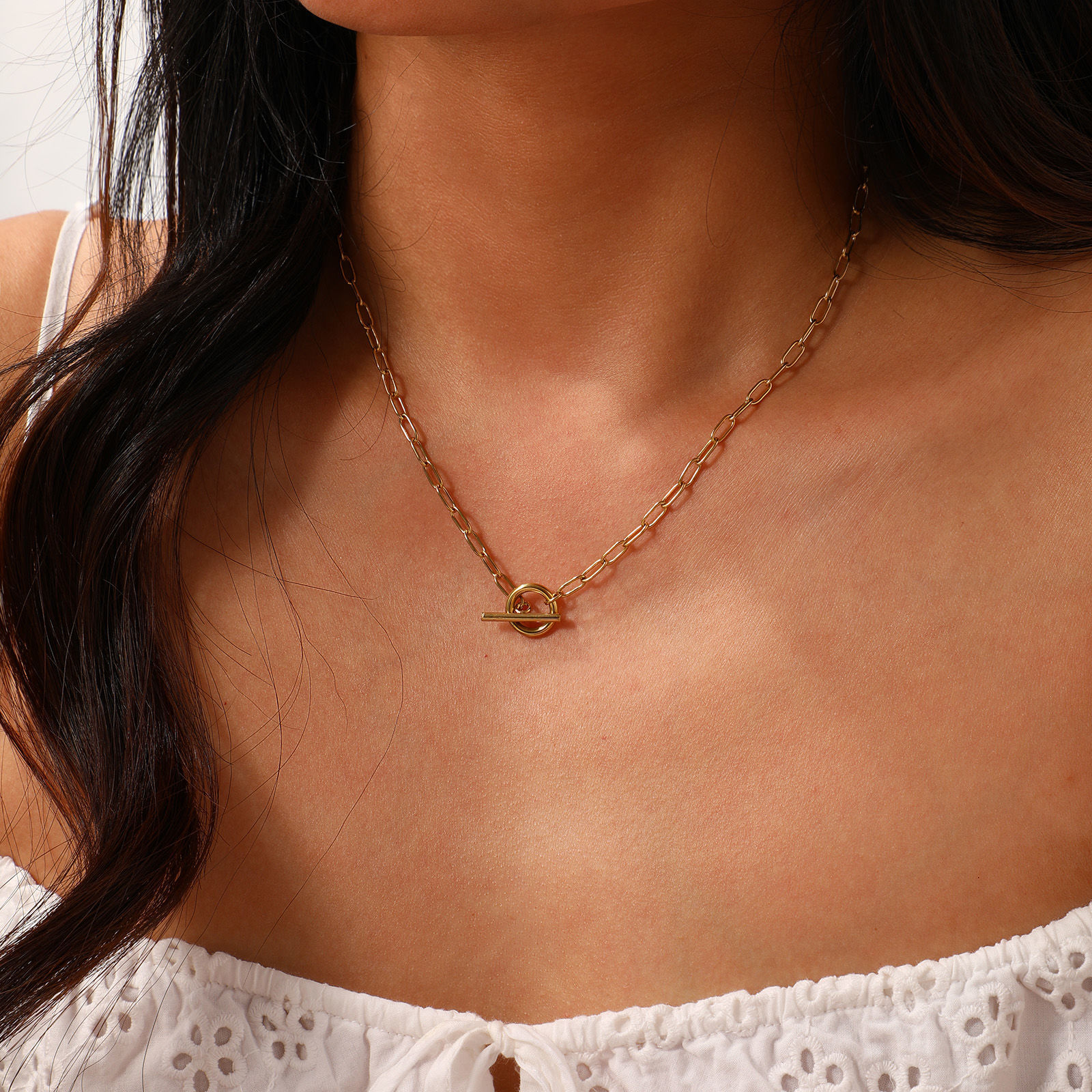 Picture of 1 Piece Eco-friendly PVD Vacuum Plating Minimalist 18K Real Gold Plated 304 Stainless Steel Paperclip Link Chain With Toggle Clasp Necklace Unisex Gift 45cm(17.7") long