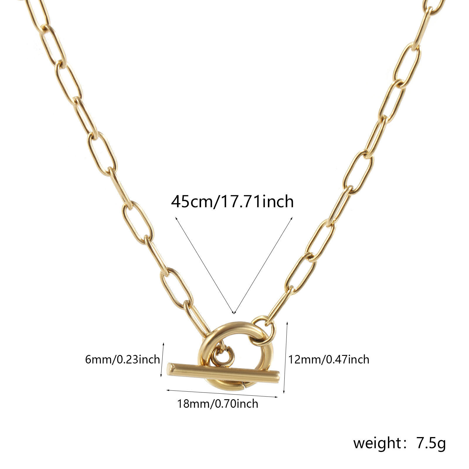 Picture of 1 Piece Eco-friendly PVD Vacuum Plating Minimalist 18K Real Gold Plated 304 Stainless Steel Paperclip Link Chain With Toggle Clasp Necklace Unisex Gift 45cm(17.7") long