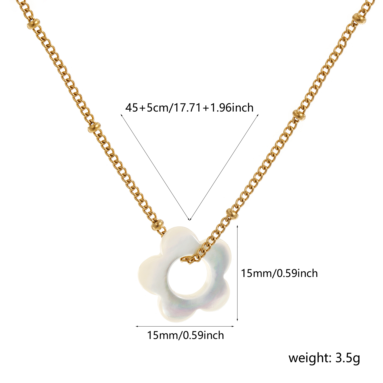 Bild von 18K Echtgold plattiert Panzerkette Kette Blumen Anhänger Halskette, 304 Edelstahl & Natürliche Muschel 45cm + 5cm, Für Frauen, Minimalistisch Elegant Geschenk, Umweltfreundliche PVD-Vakuumbeschichtung, 1 Strang