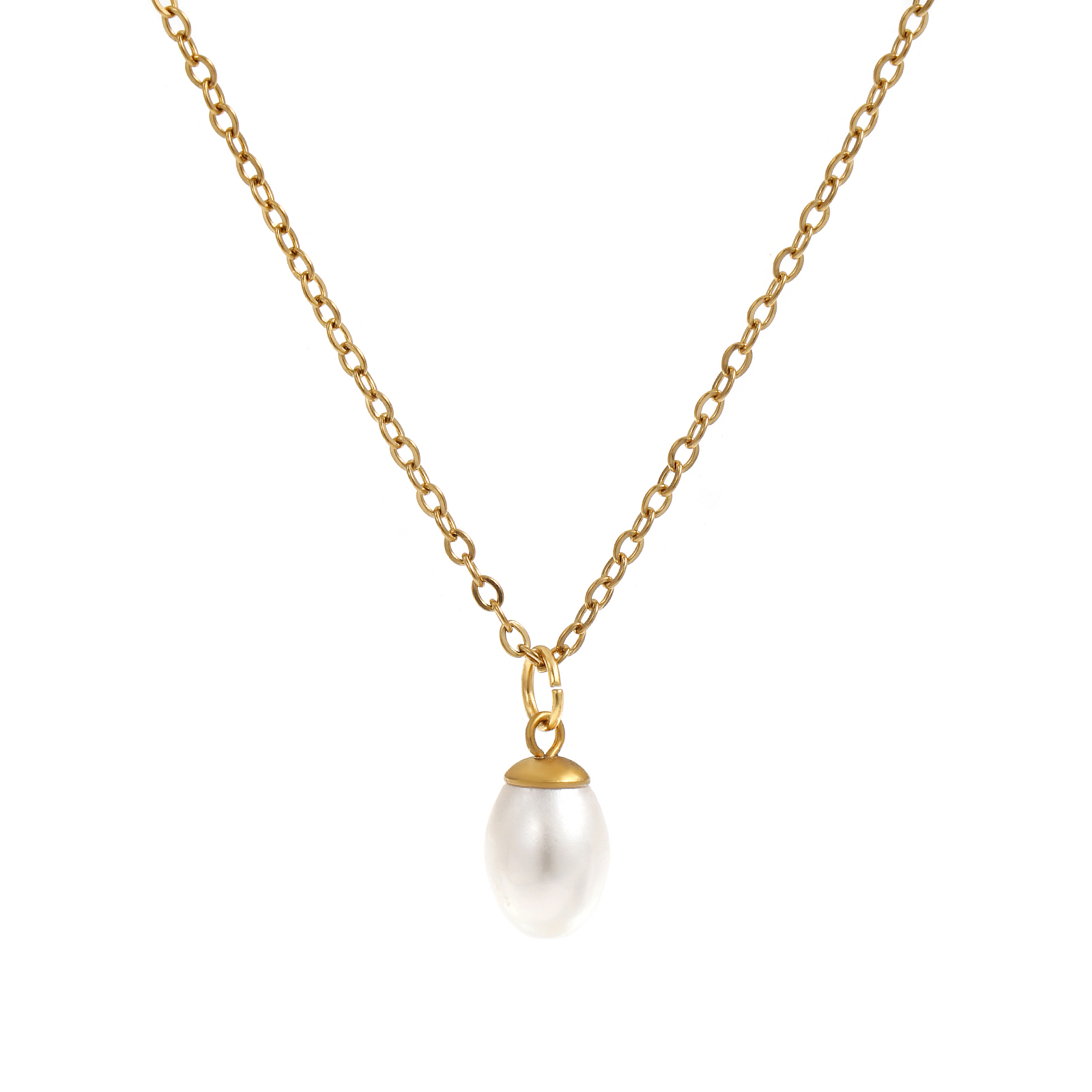 Picture of 18K Real Gold Plated Link Cable Chain Oval Pendant Charm Necklace, 304 Stainless Steel & Natural Pearl 45cm(17.7") + 5cm(2"), For Women, Minimalist Elegant Gift, Eco-friendly PVD Vacuum Plating, 1 Piece