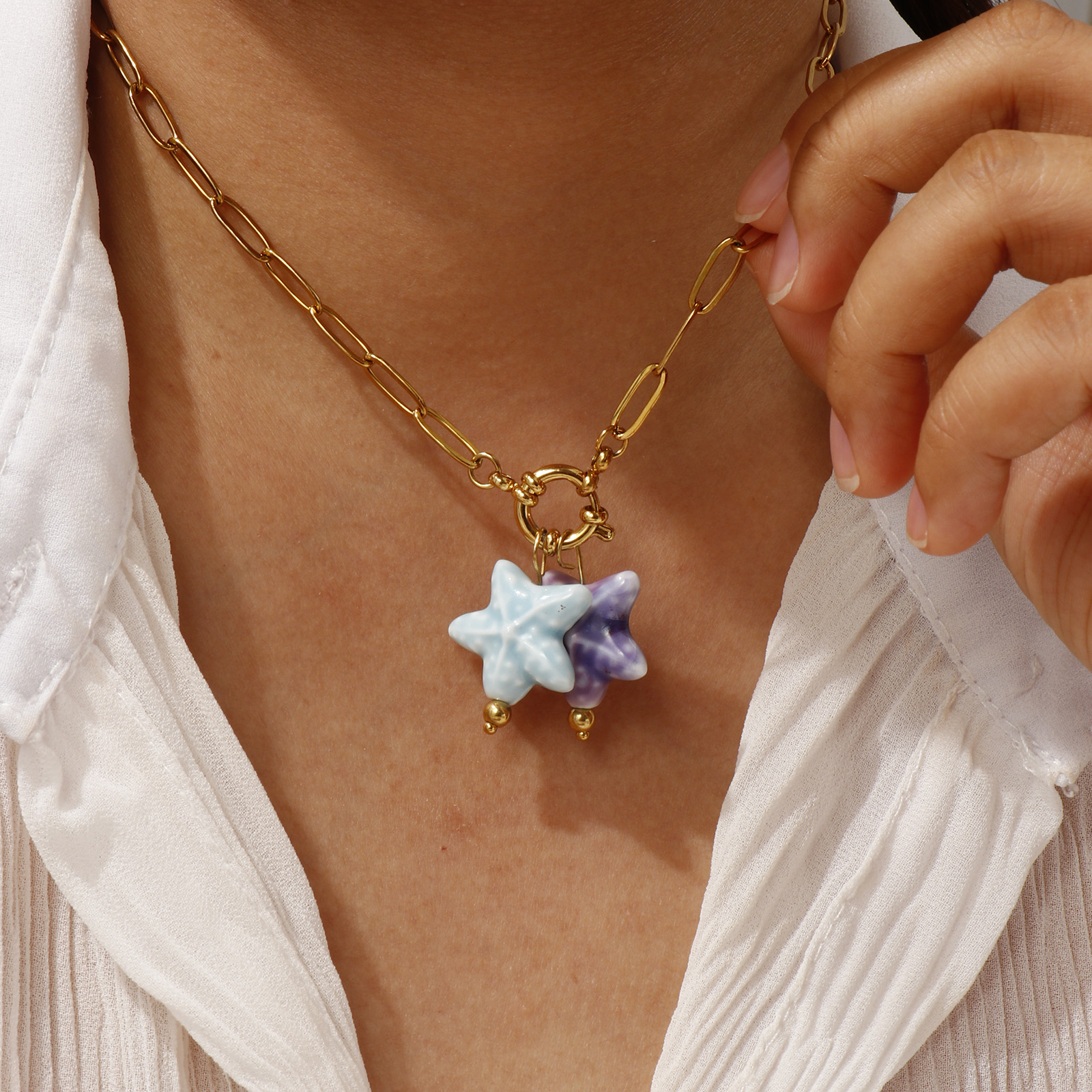 Bild von 18K Vergoldet Büroklammerkette Seesterne Anhänger Halskette, 304 Edelstahl & Keramik 40cm, Für Frauen, Helllila Süß Ozean Schmuck Geschenk, Umweltfreundliche PVD-Vakuumbeschichtung, 1 Strang