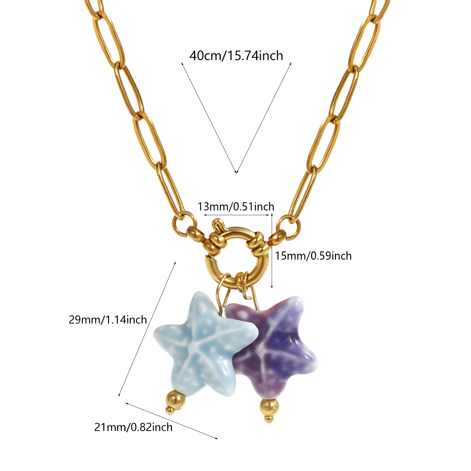 Bild von 18K Vergoldet Büroklammerkette Seesterne Anhänger Halskette, 304 Edelstahl & Keramik 40cm, Für Frauen, Helllila Süß Ozean Schmuck Geschenk, Umweltfreundliche PVD-Vakuumbeschichtung, 1 Strang