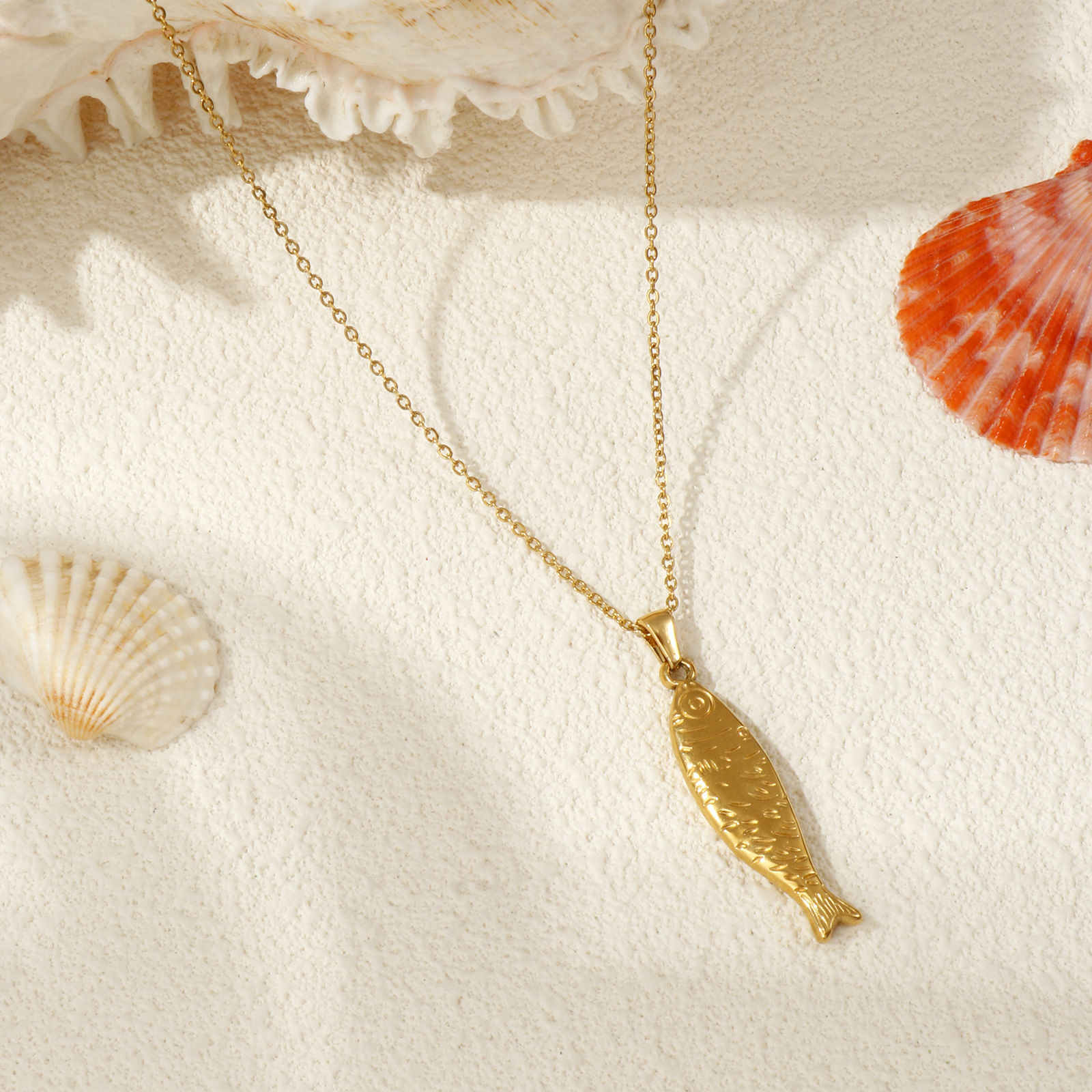 Bild von 18K Echtgold plattiert Kreuz Gliederketten Fisch Anhänger Halskette, 304 Edelstahl 45cm + 5cm, Für Frauen, 3D, Exquisit Ozean Schmuck Geschenk, Umweltfreundliche PVD-Vakuumbeschichtung, 1 Strang