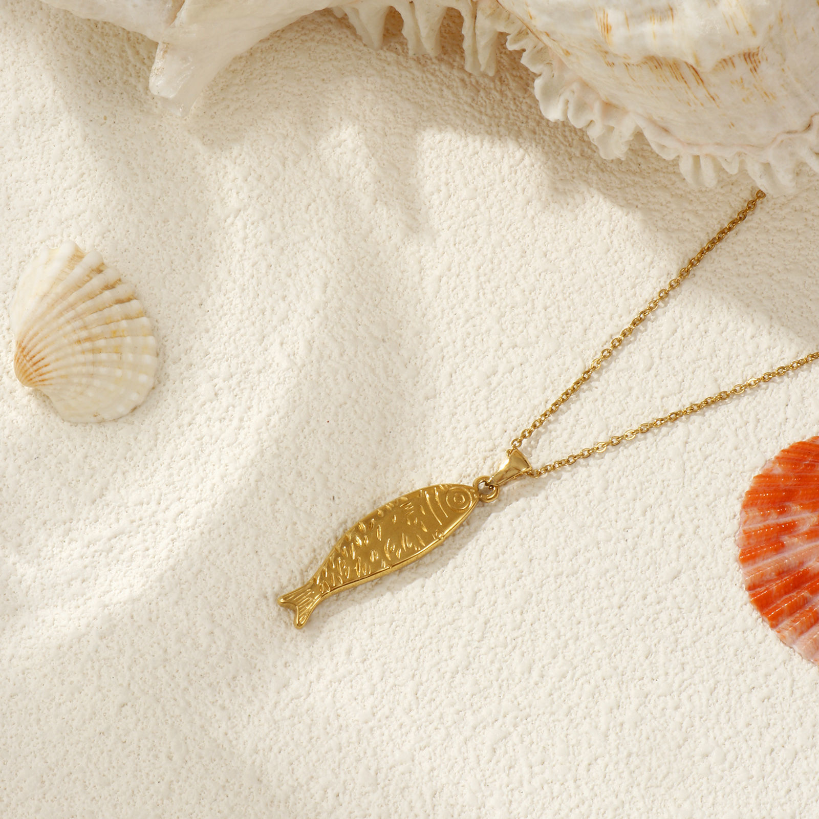 Bild von 18K Echtgold plattiert Kreuz Gliederketten Fisch Anhänger Halskette, 304 Edelstahl 45cm + 5cm, Für Frauen, 3D, Exquisit Ozean Schmuck Geschenk, Umweltfreundliche PVD-Vakuumbeschichtung, 1 Strang