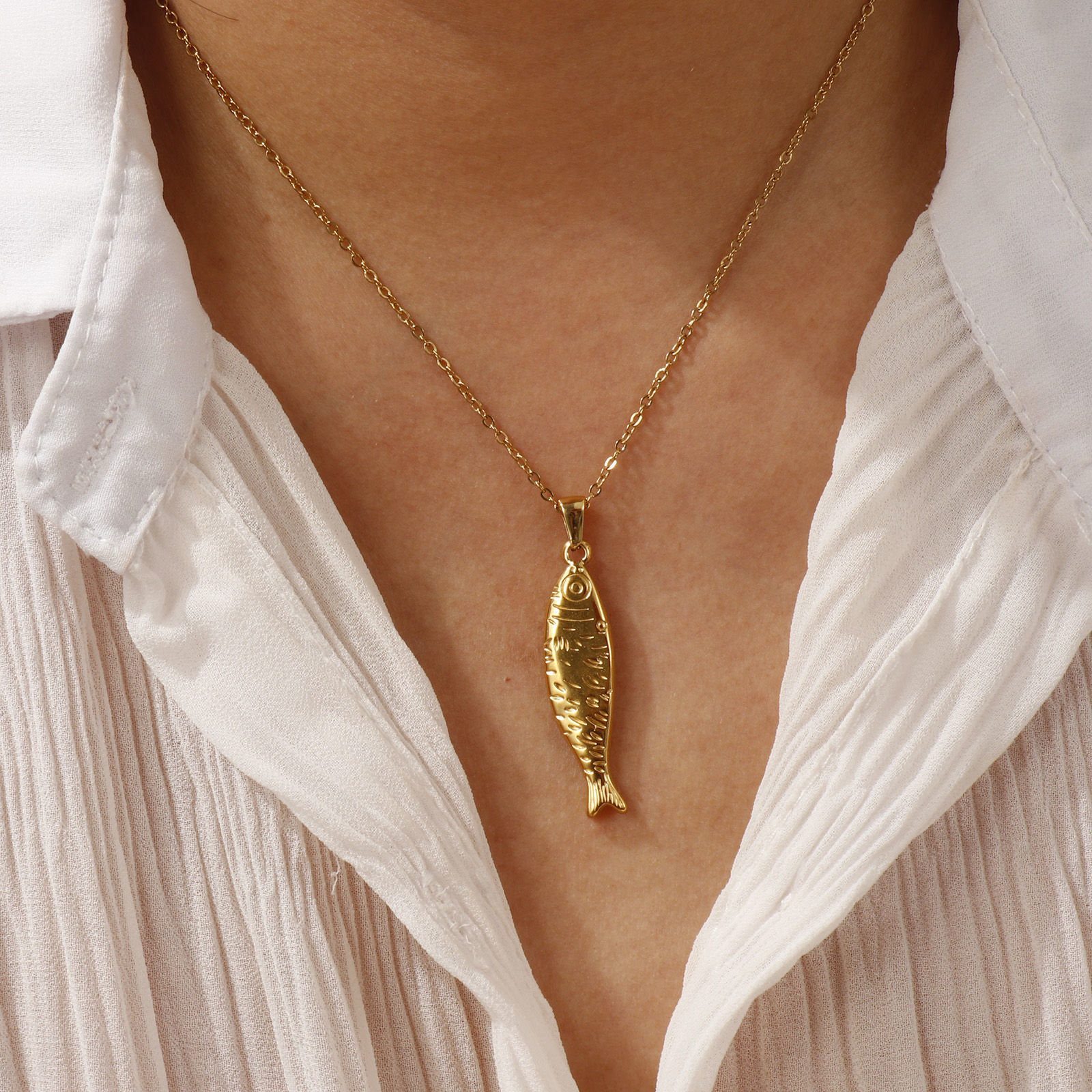 Bild von 18K Echtgold plattiert Kreuz Gliederketten Fisch Anhänger Halskette, 304 Edelstahl 45cm + 5cm, Für Frauen, 3D, Exquisit Ozean Schmuck Geschenk, Umweltfreundliche PVD-Vakuumbeschichtung, 1 Strang