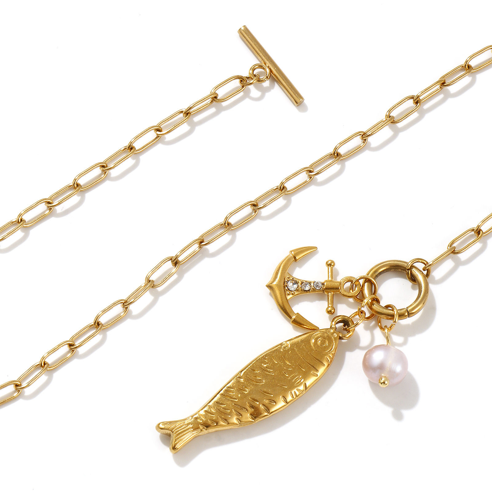 Picture of 18K Real Gold Plated Paperclip Link Chain Fish Animal Pendant Charm Necklace, 304 Stainless Steel & Natural Pearl 45cm(17.7"), For Women, Clear Rhinestone Mauve Stylish Ocean Jewelry Eco-friendly PVD Vacuum Plating, 1 Piece