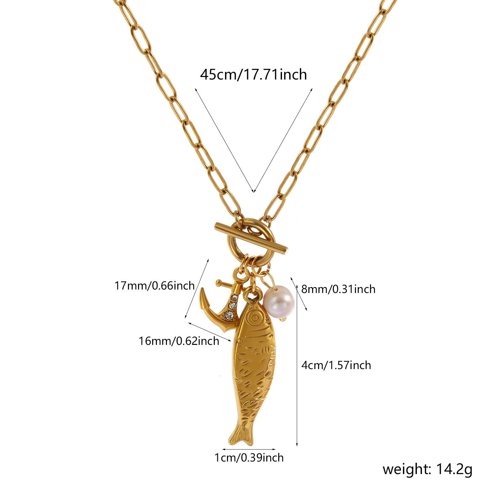 Picture of 18K Real Gold Plated Paperclip Link Chain Fish Animal Pendant Charm Necklace, 304 Stainless Steel & Natural Pearl 45cm(17.7"), For Women, Clear Rhinestone Mauve Stylish Ocean Jewelry Eco-friendly PVD Vacuum Plating, 1 Piece