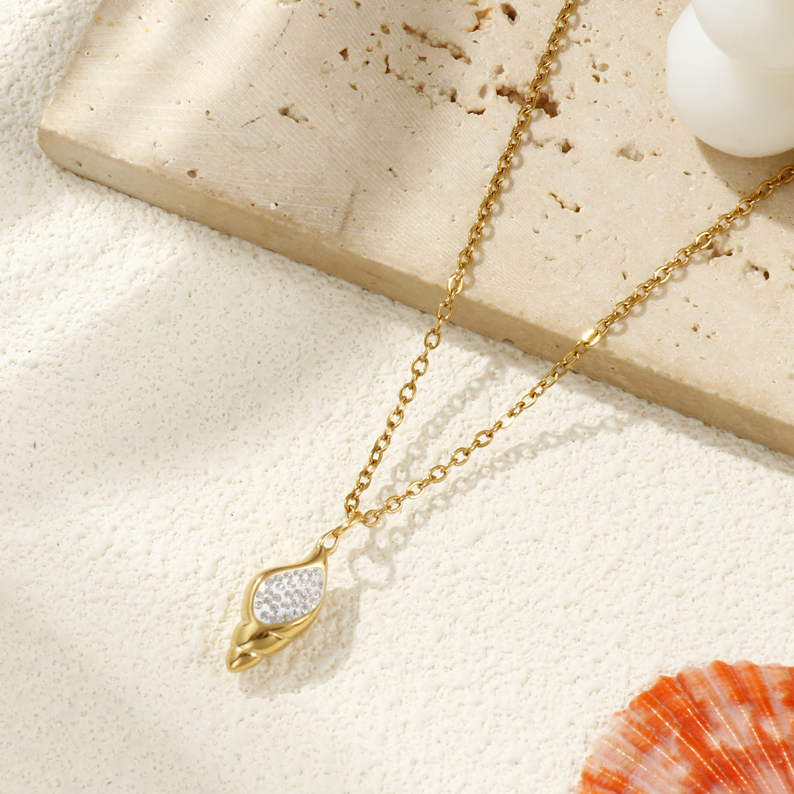 Picture of 18K Real Gold Plated Link Cable Chain Conch/ Sea Snail Pendant Charm Necklace, 304 Stainless Steel 45cm(17.7") + 5cm(2"), For Women, Clear Cubic Zirconia Stylish Exquisite Gift, Eco-friendly PVD Vacuum Plating, 1 Piece