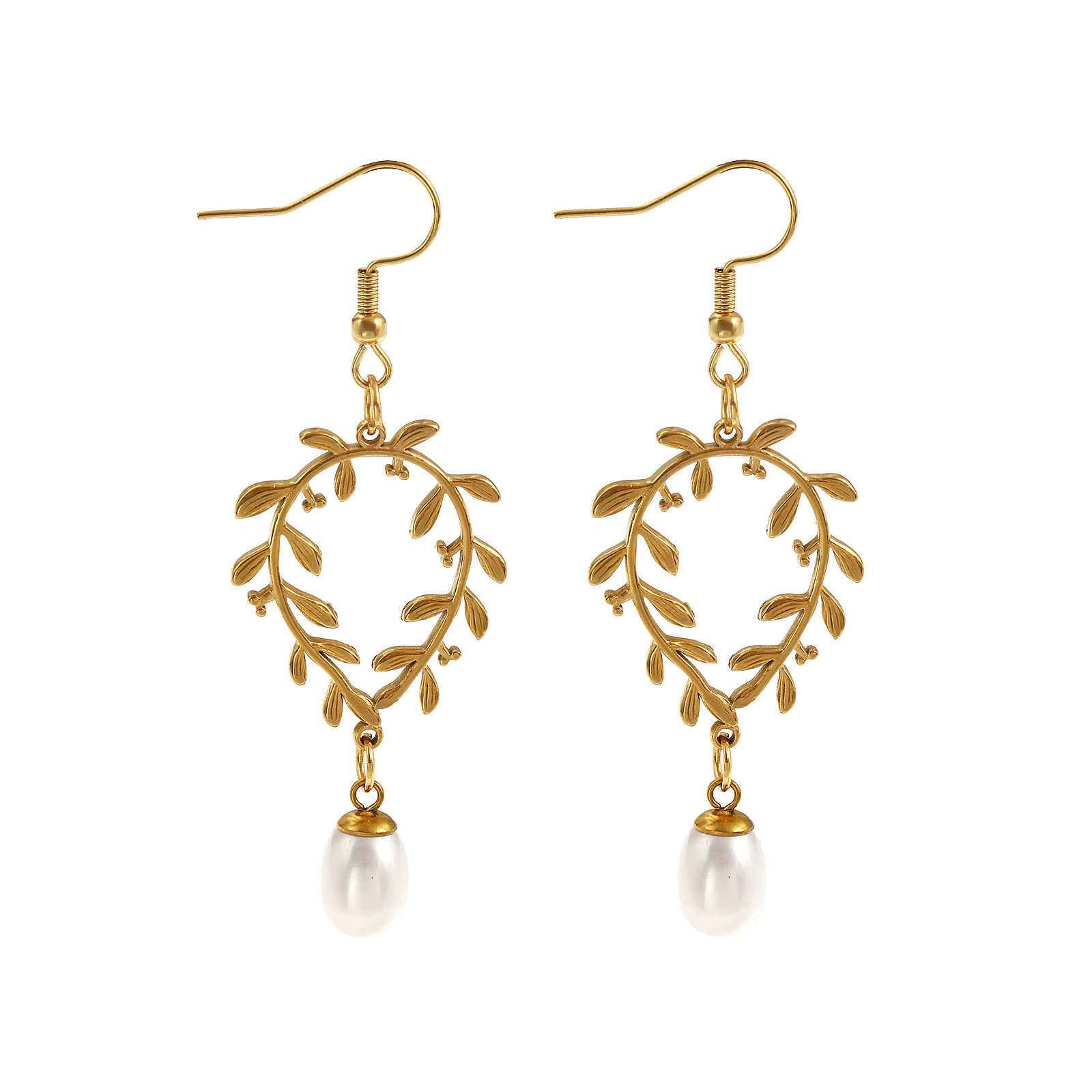 Bild von 1 Paar Umweltfreundliche PVD-Vakuumbeschichtung Stilvoll Exquisit 18K Echtgold plattiert Weiß 304 Edelstahl & Naturperle Blätter Ohrring Für Frauen Geschenk 6.6cm x 2.3cm, Pfosten-/Drahtstärke: 0.7mm(21 Gauge)