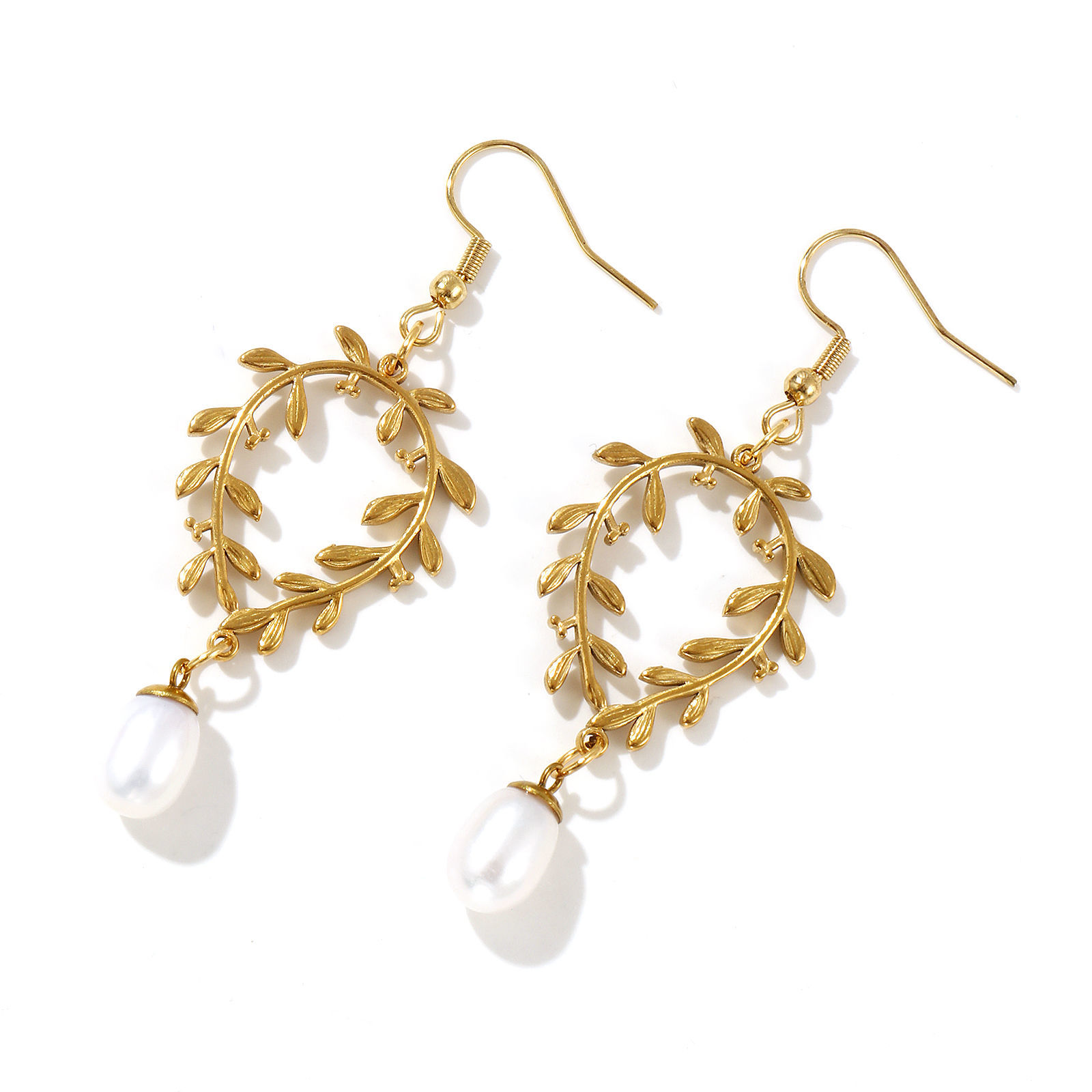 Bild von 1 Paar Umweltfreundliche PVD-Vakuumbeschichtung Stilvoll Exquisit 18K Echtgold plattiert Weiß 304 Edelstahl & Naturperle Blätter Ohrring Für Frauen Geschenk 6.6cm x 2.3cm, Pfosten-/Drahtstärke: 0.7mm(21 Gauge)