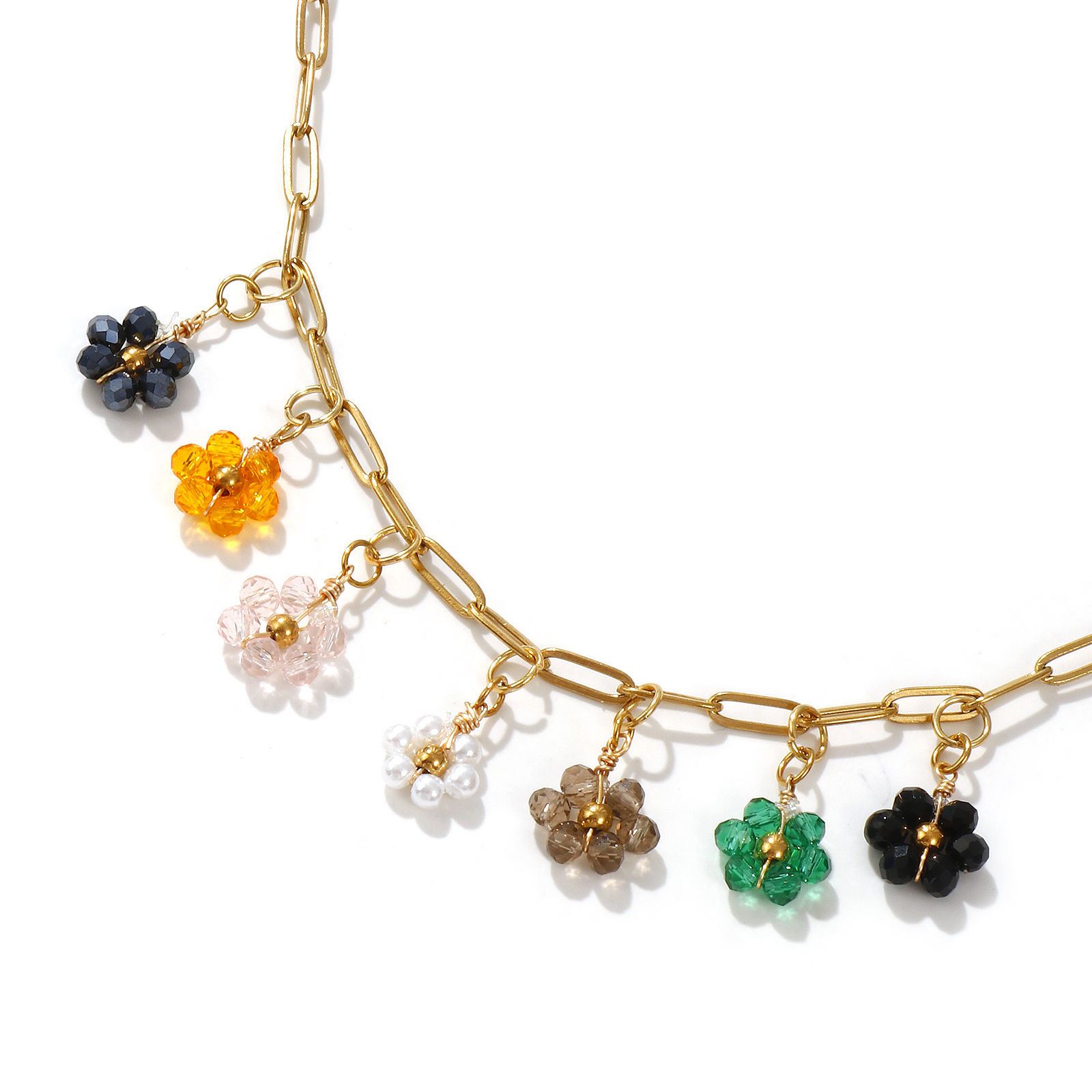 Picture of 18K Real Gold Plated Paperclip Link Chain Flower Pendant Charm Necklace, 304 Stainless Steel & Quartz Crystal 42cm(16.5") + 5cm(2"), For Women, Multicolor Dainty Pastoral Style Gift, Eco-friendly PVD Vacuum Plating, 1 Piece