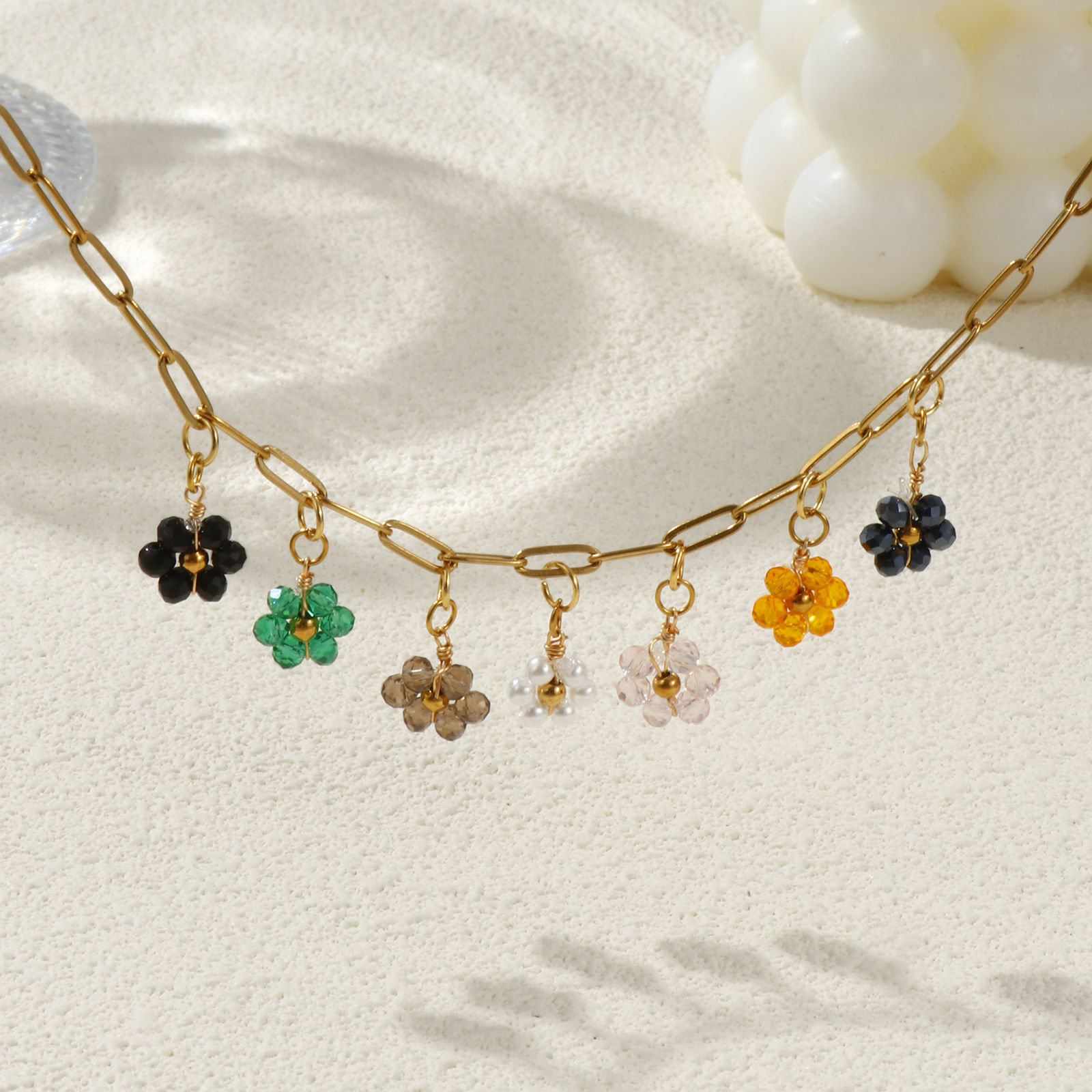 Picture of 18K Real Gold Plated Paperclip Link Chain Flower Pendant Charm Necklace, 304 Stainless Steel & Quartz Crystal 42cm(16.5") + 5cm(2"), For Women, Multicolor Dainty Pastoral Style Gift, Eco-friendly PVD Vacuum Plating, 1 Piece