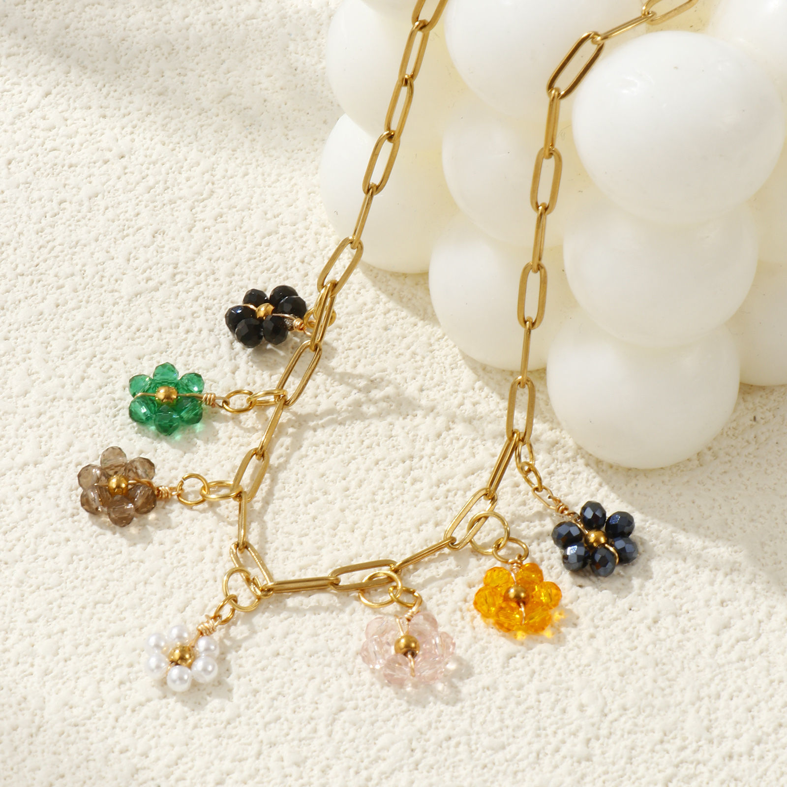 Picture of 18K Real Gold Plated Paperclip Link Chain Flower Pendant Charm Necklace, 304 Stainless Steel & Quartz Crystal 42cm(16.5") + 5cm(2"), For Women, Multicolor Dainty Pastoral Style Gift, Eco-friendly PVD Vacuum Plating, 1 Piece