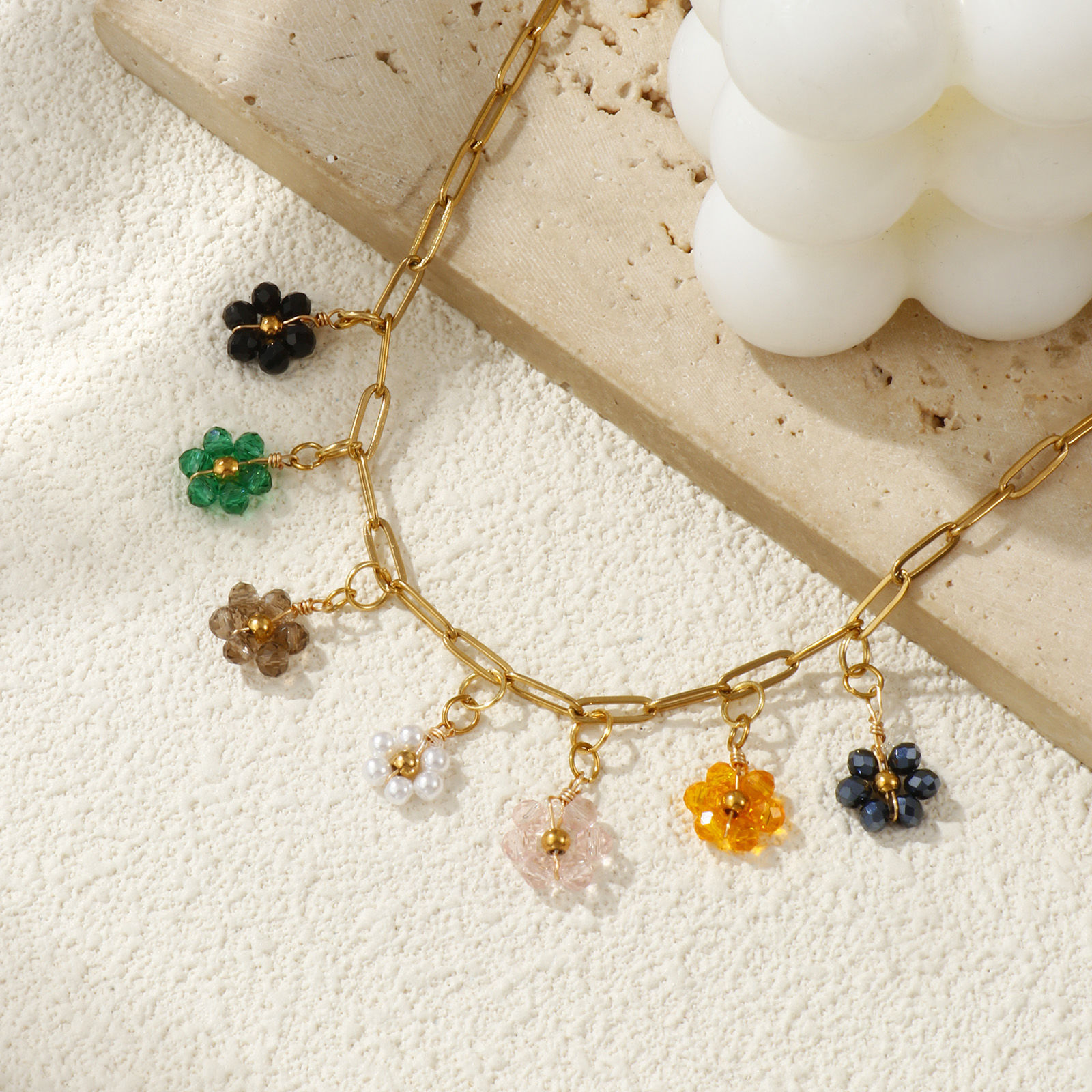 Picture of 18K Real Gold Plated Paperclip Link Chain Flower Pendant Charm Necklace, 304 Stainless Steel & Quartz Crystal 42cm(16.5") + 5cm(2"), For Women, Multicolor Dainty Pastoral Style Gift, Eco-friendly PVD Vacuum Plating, 1 Piece
