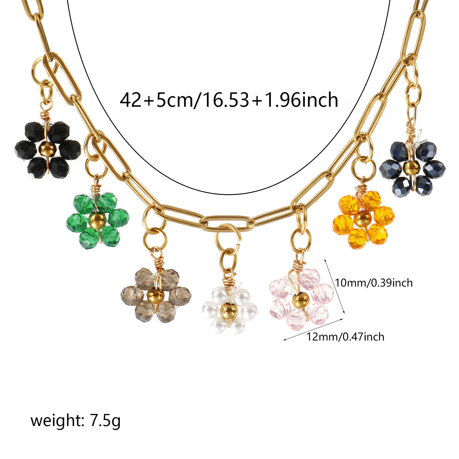 Picture of 18K Real Gold Plated Paperclip Link Chain Flower Pendant Charm Necklace, 304 Stainless Steel & Quartz Crystal 42cm(16.5") + 5cm(2"), For Women, Multicolor Dainty Pastoral Style Gift, Eco-friendly PVD Vacuum Plating, 1 Piece